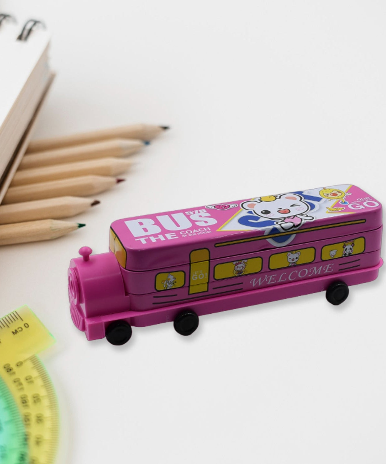 Magic bus pencil case with sharpener and compartments.