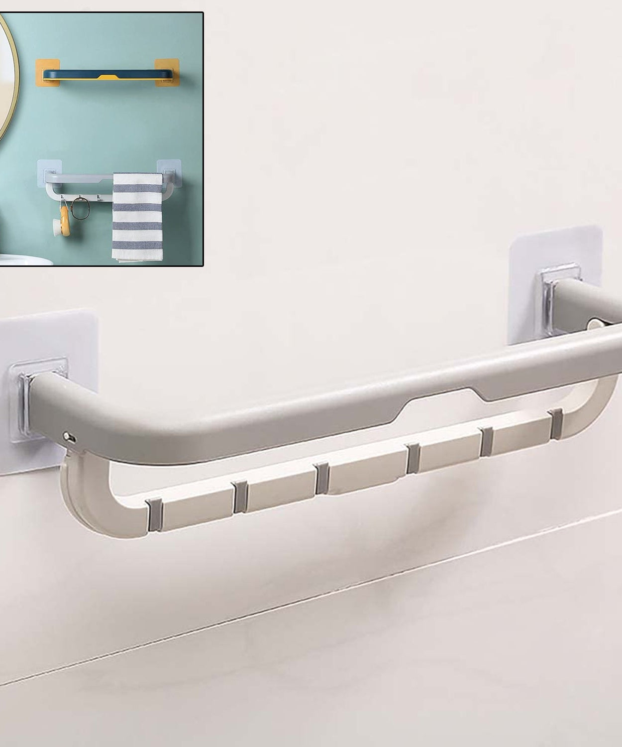 Wall-Mounted Double Bar Towel Holder with Hooks & Adjustable Folding Shelf