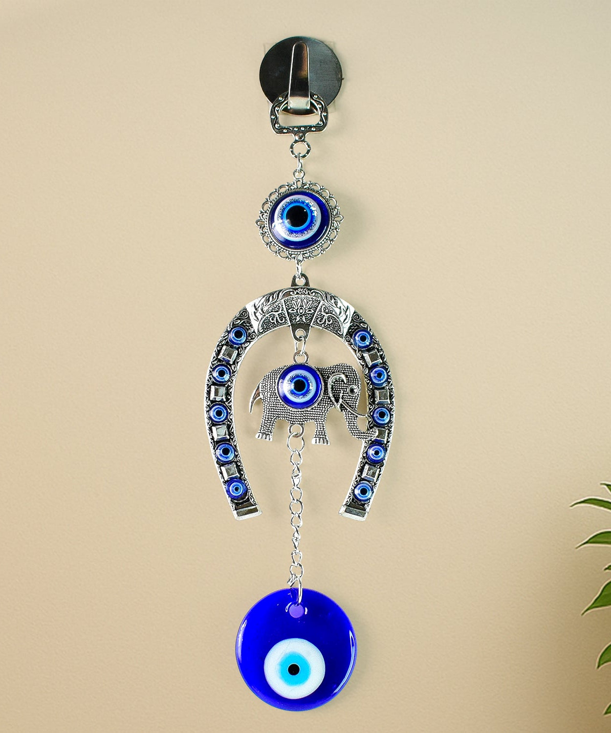 Decorative Evil Eye Hanging with Elephant and Horseshoe Motif,  Wind Chime (1 Pc)