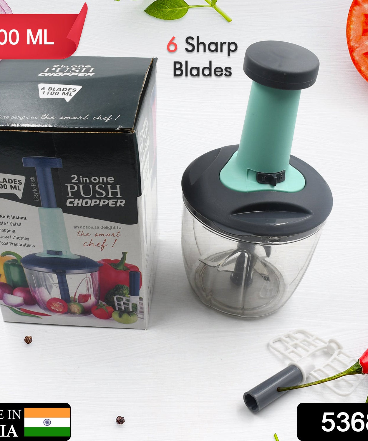 2-in-1 push-up chopper with blender, 1100 ml, includes 6 sharp blades.