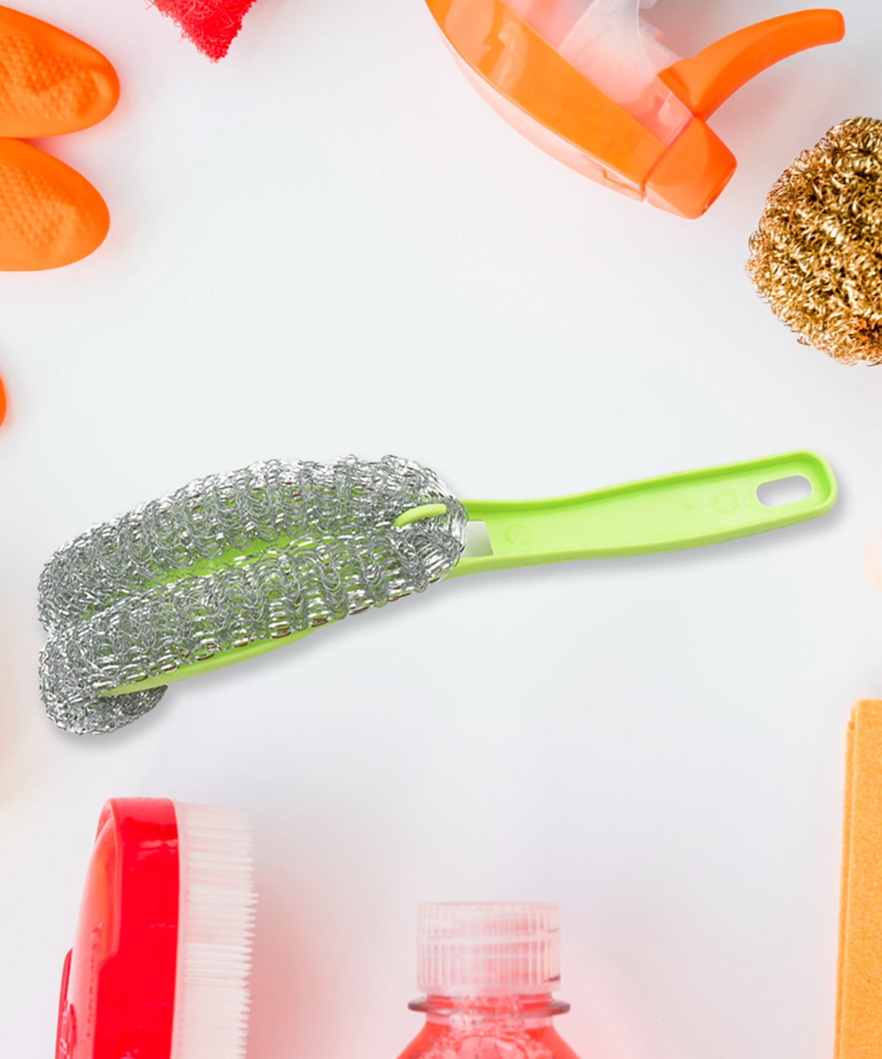 Plastic cleaning brush with bendable handle for easy use.
