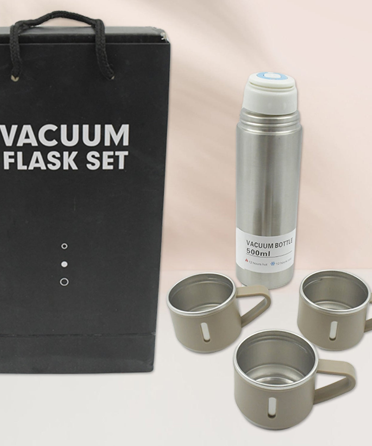 Stainless Steel Vacuum Flask Set with 3 Steel Cups Combo for Coffee Hot Drink and Cold Water Flask Ideal Gifting Travel Friendly Latest Flask Bottle. (500ml)