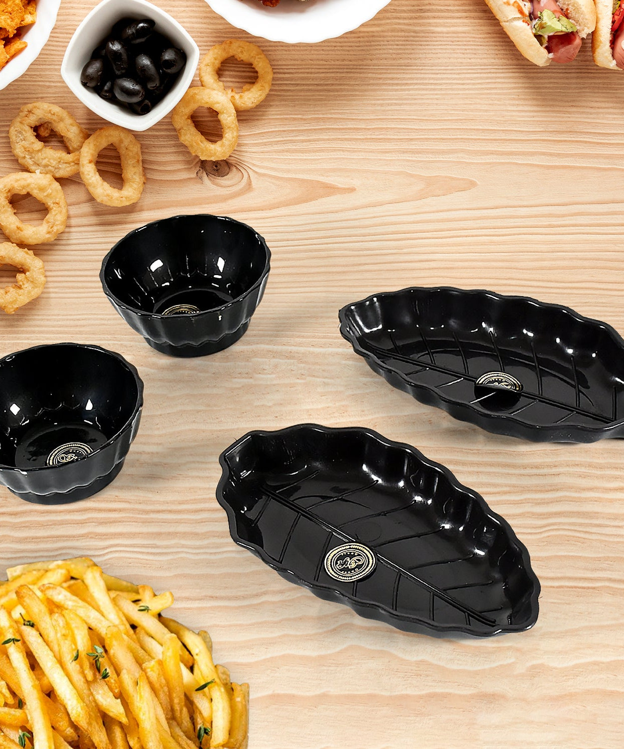 Ertiga Round Ceramic Bowl With Plastic leaf shape Serving platter Portable, Lightweight Breakfast, Serving Bowl | Highly Durable Material | Ideal for Rice, Pasta, Desserts Home & Kitchen Serving Bowl & platter (4 Pcs set)