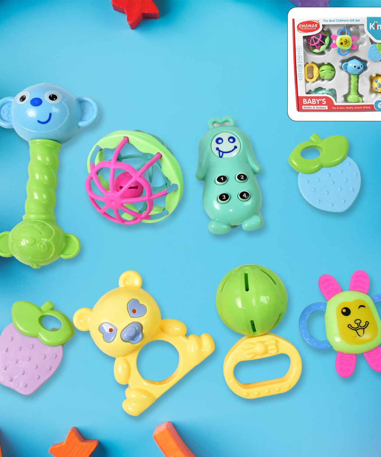 Kinder Rattles Classic Store Plastic Non-Toxic Shake and Grab Ball Baby Rattles & Teethers (8 Pcs Set)