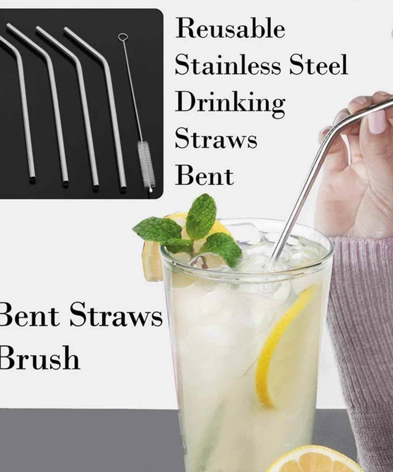 Reusable Stainless Steel Drinking Straws Bent (4 Bent Straws, 1 Brush)