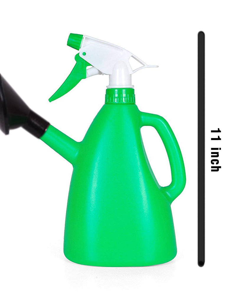 Watering can with hand-triggered sprayer for gardening.