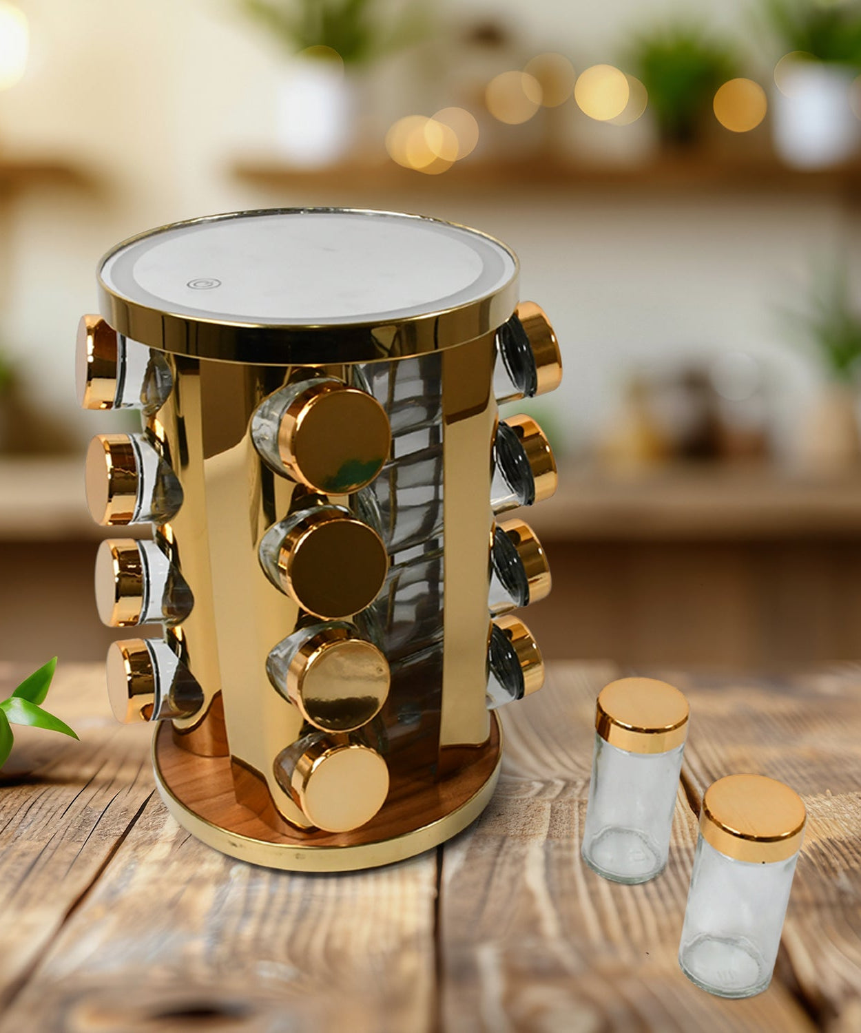 LED Spice Rack Organizer, Rotating Spice Rack with Free 16 Seasoning Jars, Revolving Tower Organizer Stainless Steel for Kitchen Storage (Golden / 16 Pc / MOQ - 6 pc)