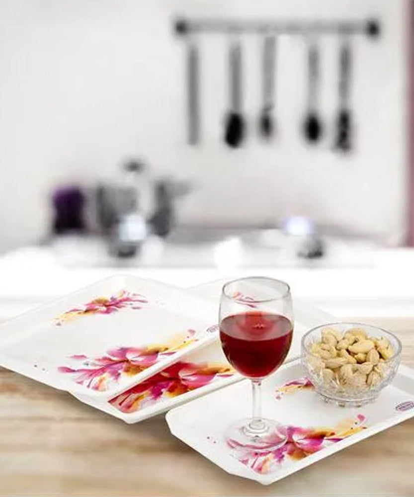 Multicolour serving tray set, includes small, medium, and large sizes for versatile serving.