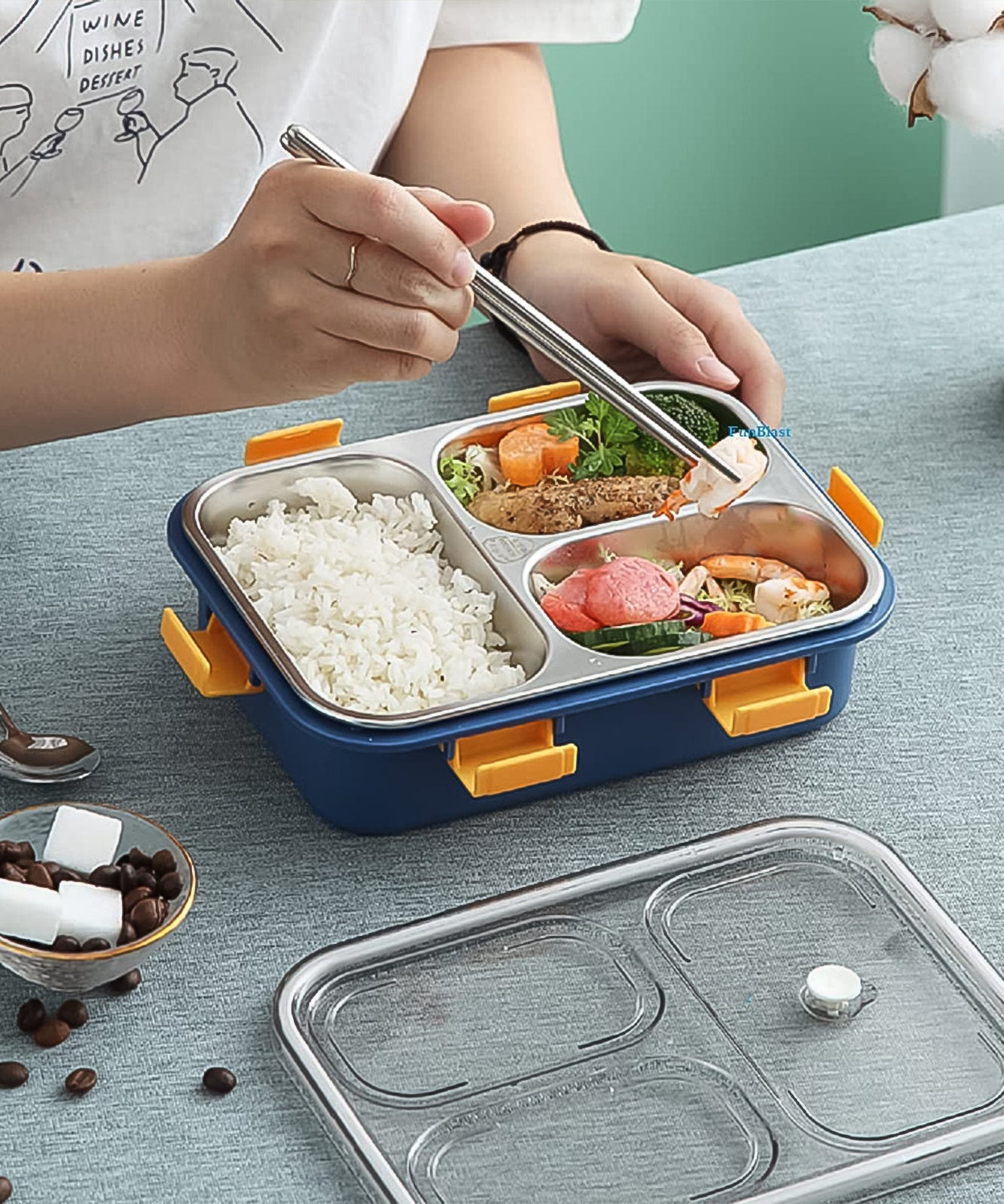3 Compartment Transparent Stainless Steel Lunch Box with a Spoon and a Pair of Chopsticks (1 Set)