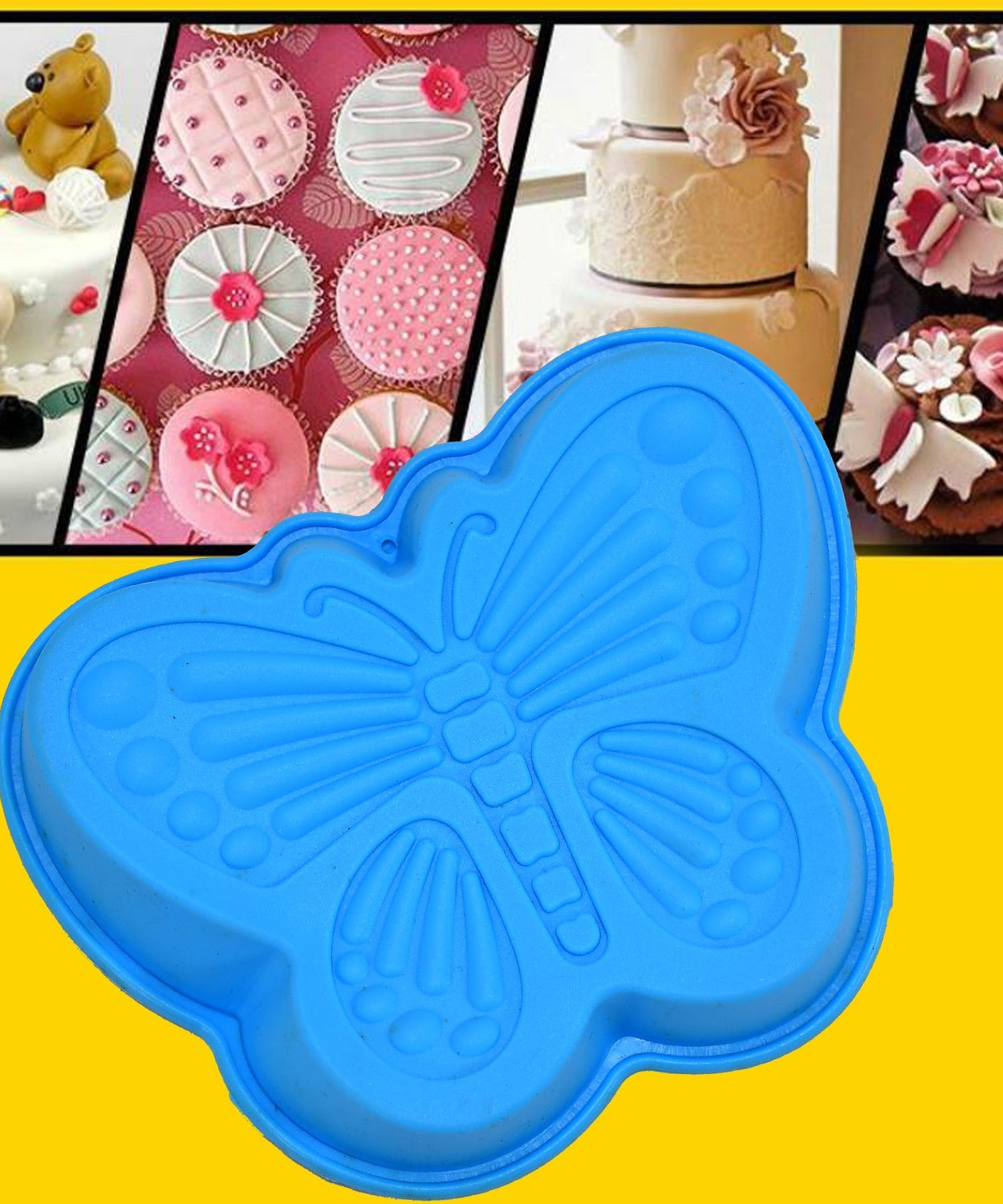 Flexible silicone baking molds, butterfly design, safe for various baking and candy making.