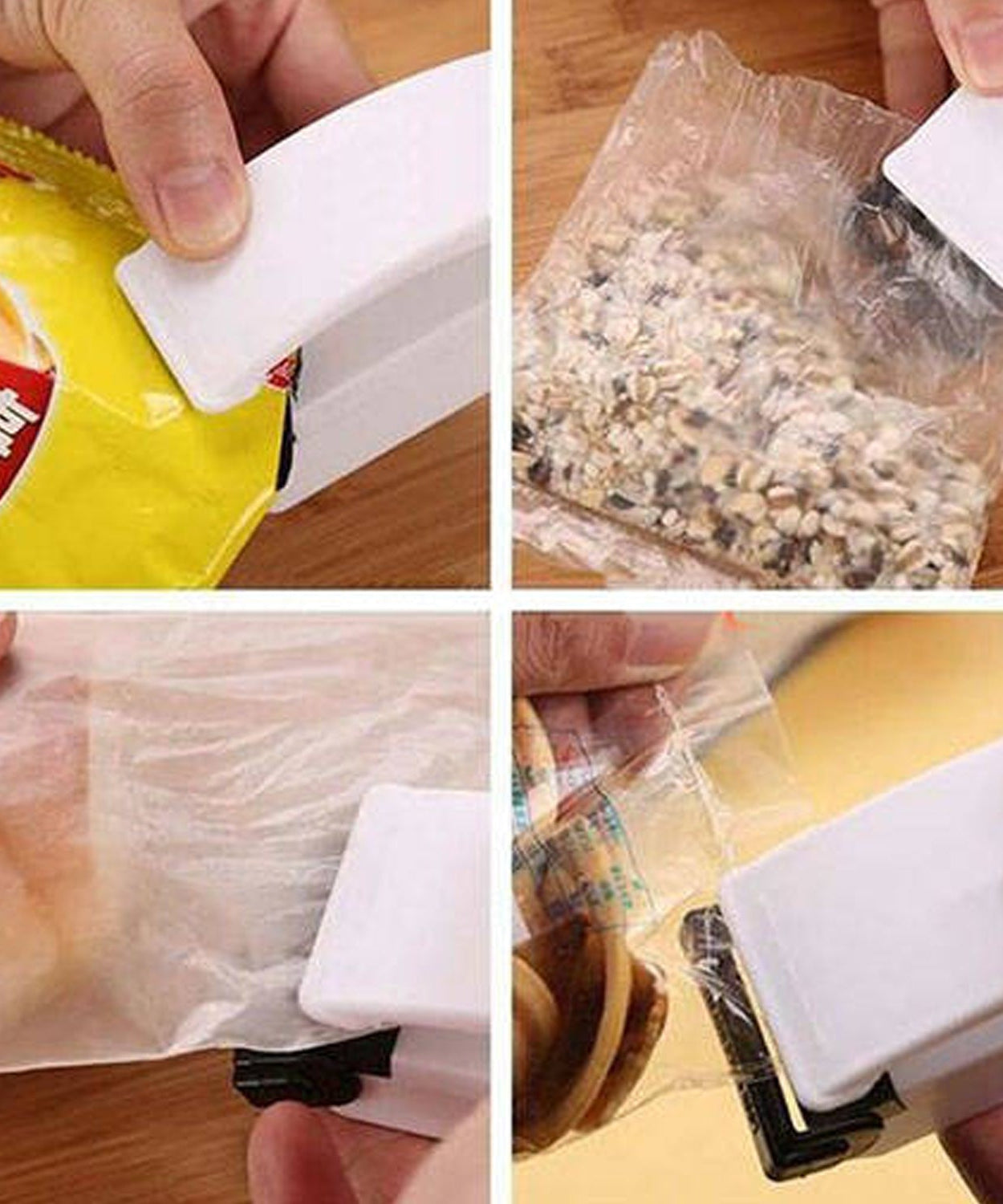Portable plastic bag sealer, multifunctional for sealing different types of bags.