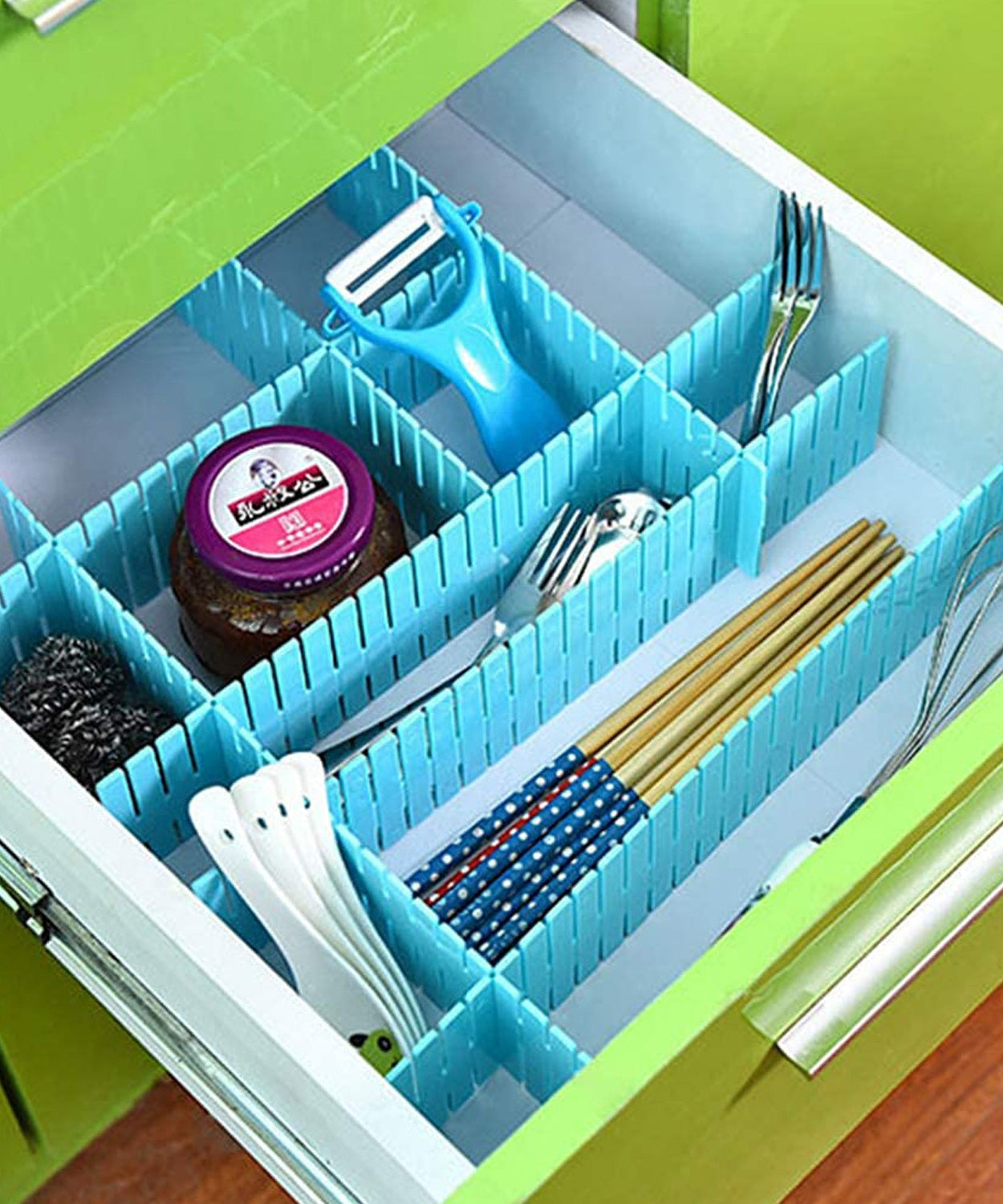 Drawer dividers, adjustable set for organizing cabinets and closets
