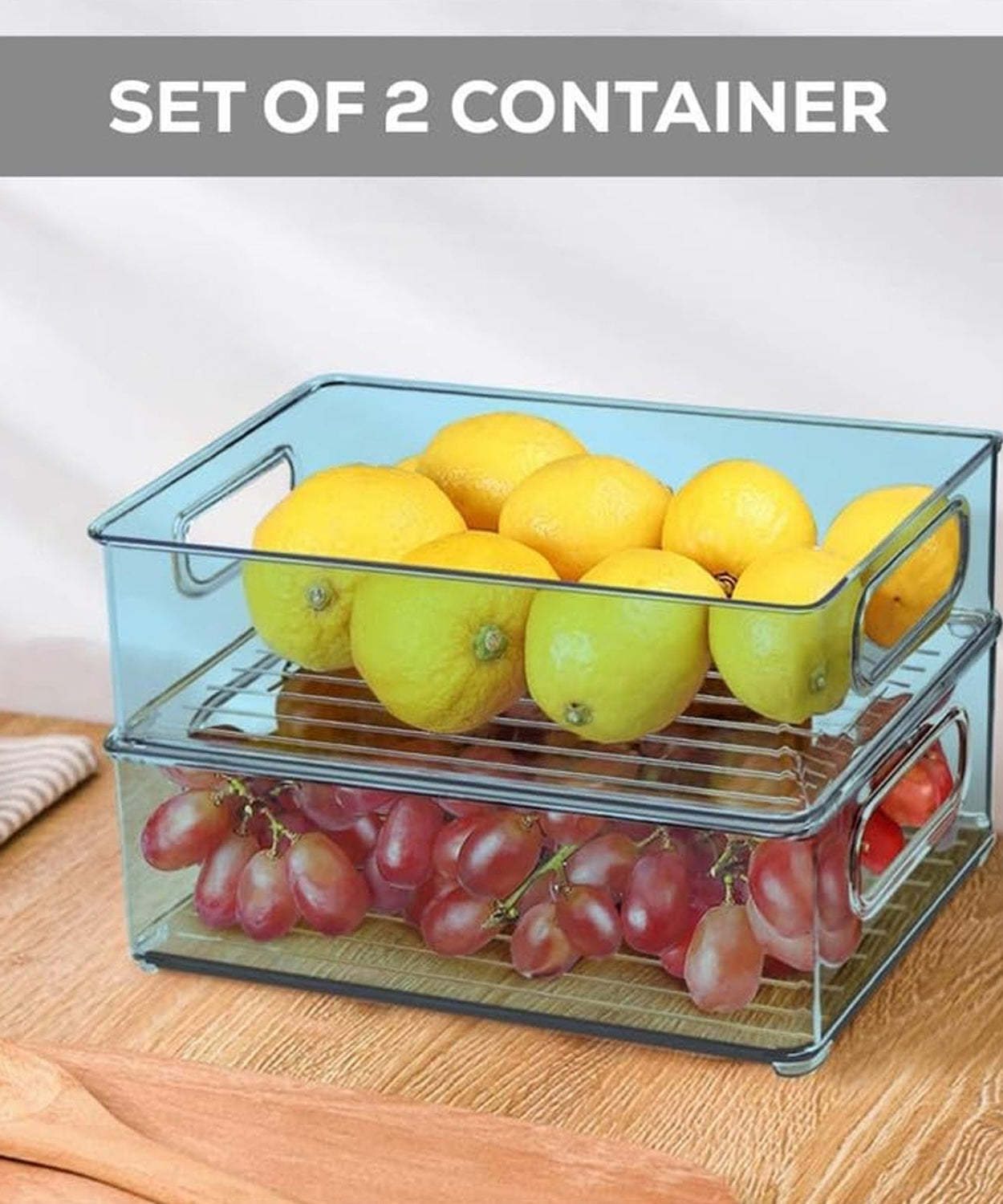 Plastic Refrigerator Organizer Bins, Set Of 2 Stackable Fridge Organizers with Handle, Clear Organizing Food Fruit Vegetables Pantry Storage Bins for Freezer kitchen Cabinet Organization and Storage (2 Pcs Set Mix Color)