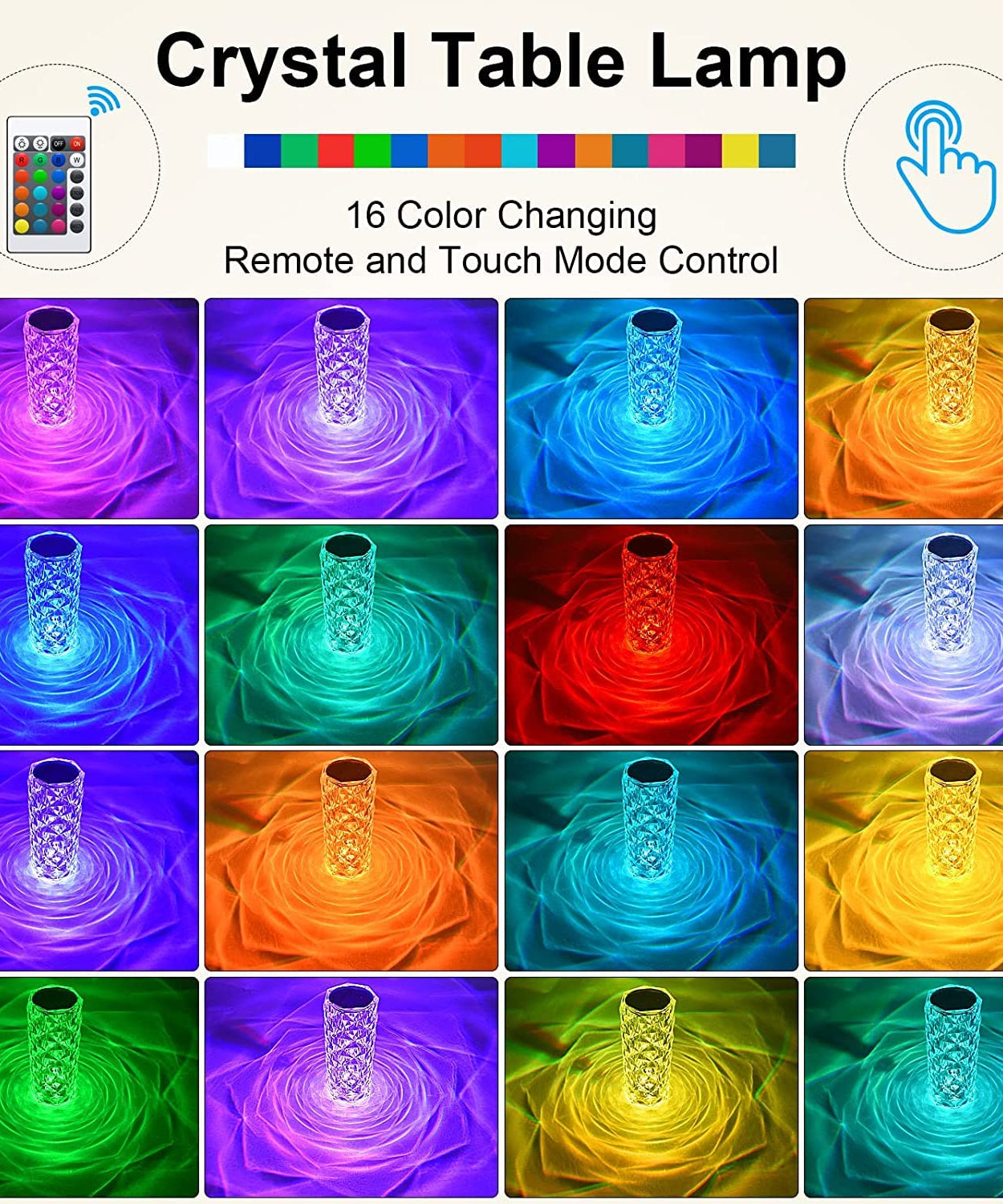 Crystal Touch Night Light for Bedroom Decor (16 Colors, Remote, USB)