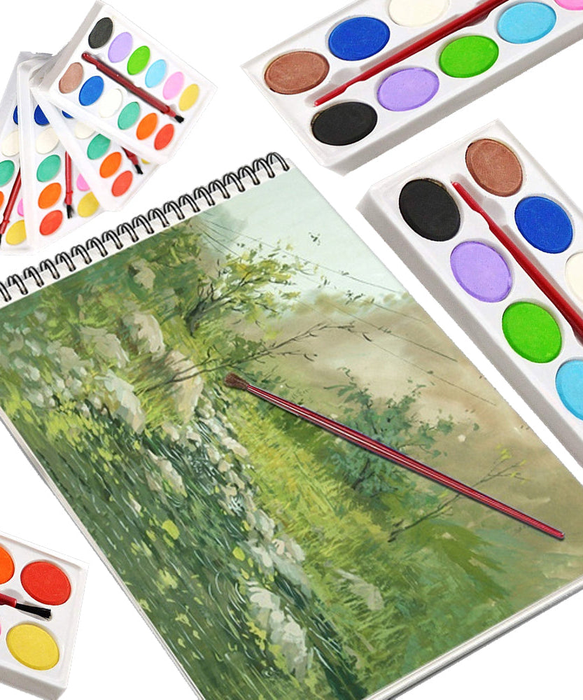 Watercolor set with paint shades and brush for artists.