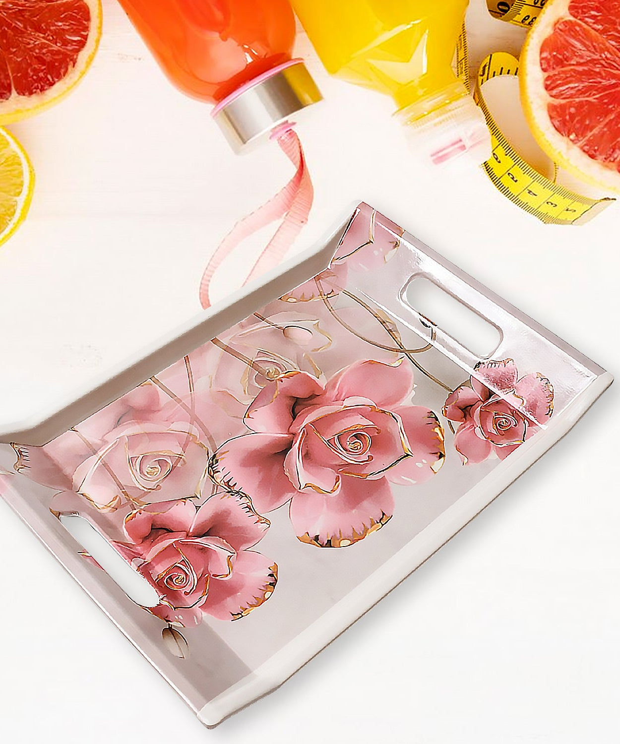 Plastic Rectangular Shape Flower Printed Design Serving Tray 3 pcs Home and Kitchen Use (3 pcs set)