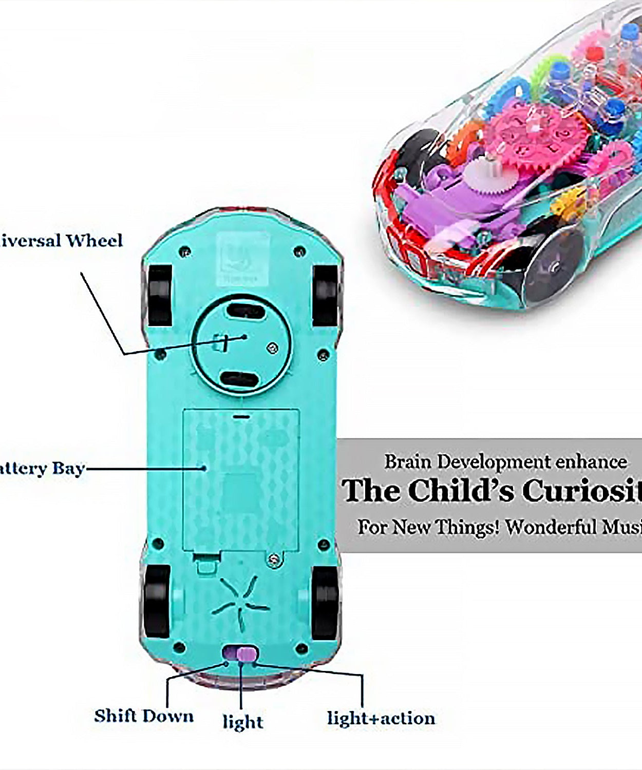 Automatic 360 Degree Rotating Transparent Gear Concept Car with Musical and 3D Flashing Lights Toy for Kids Boys & Girls (Multicolor / Battery Not Included)