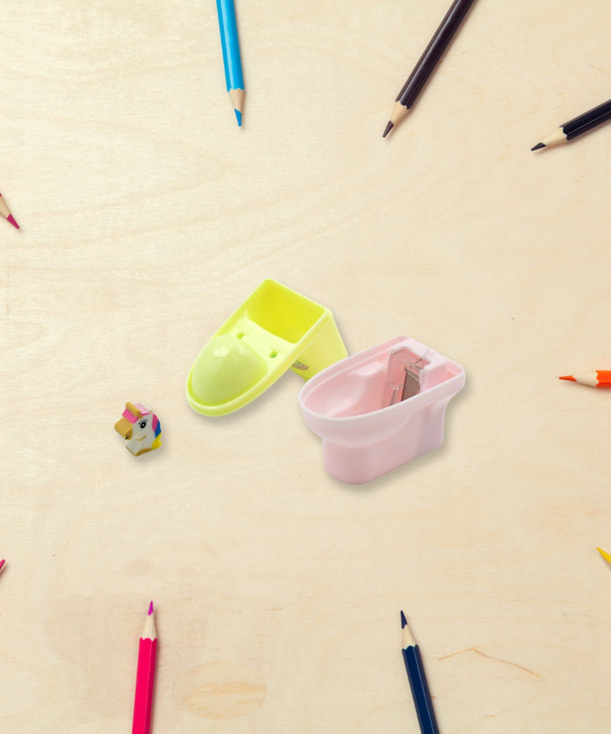 Pencil sharpener shaped like a toilet, with an eraser, 2-pack