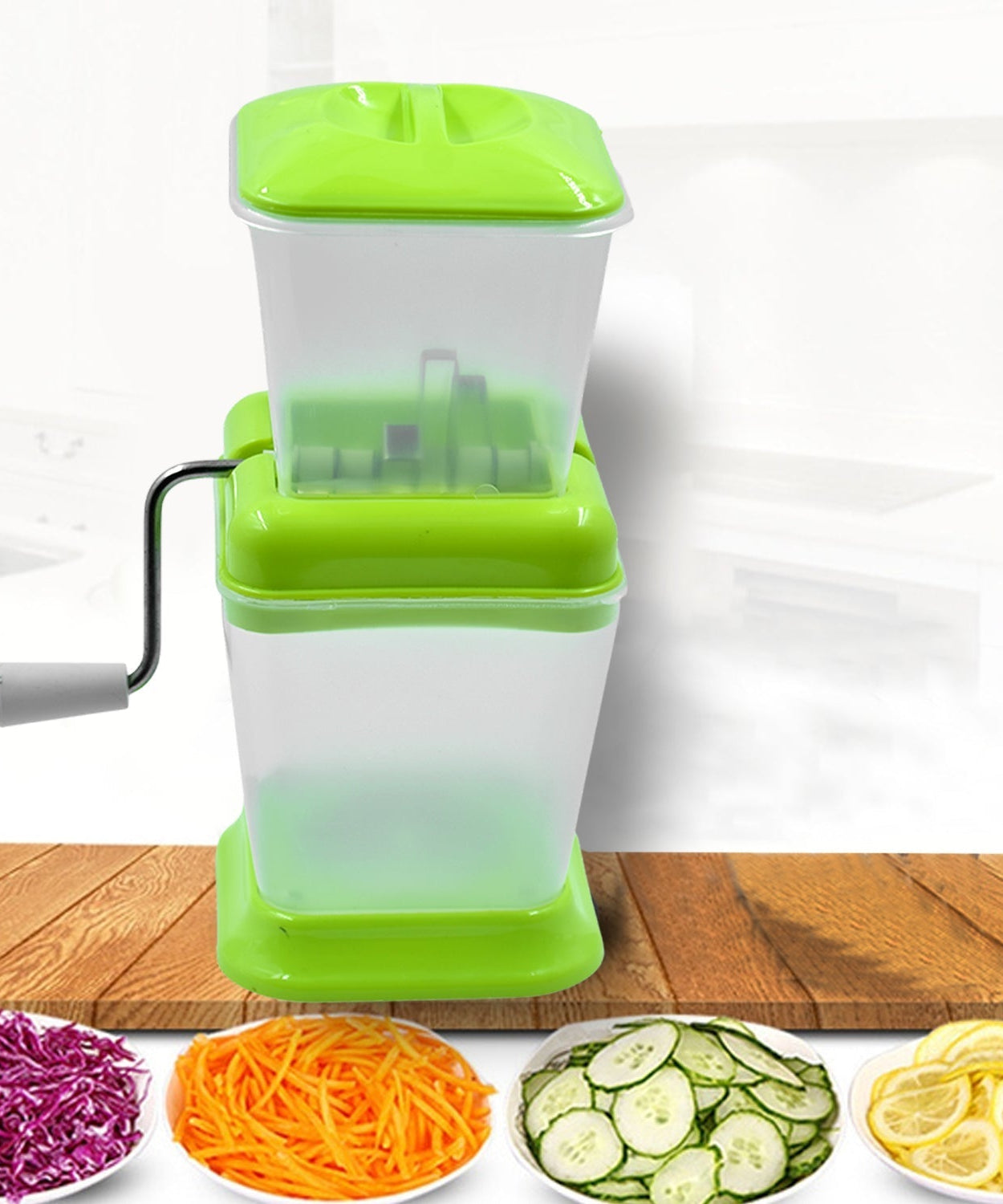 Onion chopper and vegetable cutter with easy rotating blade.