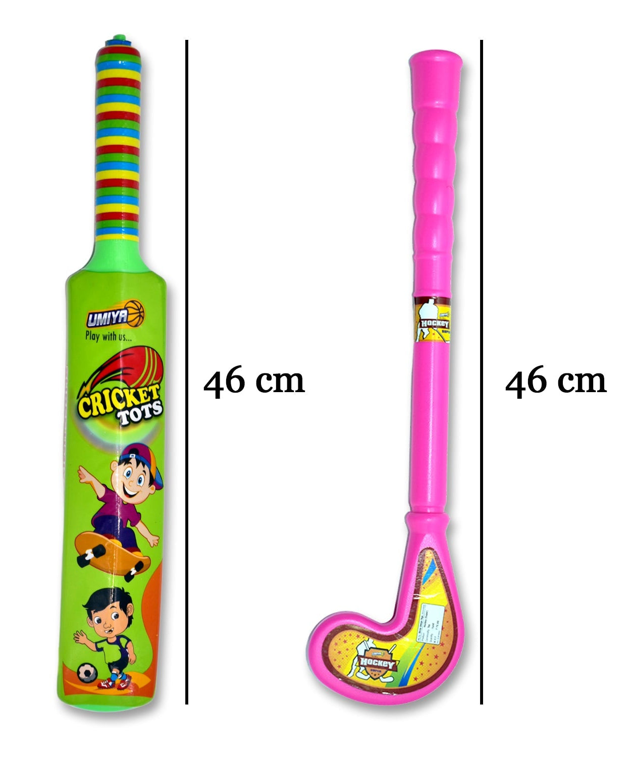 Plastic bat, ball, and hockey set in vibrant colors for children