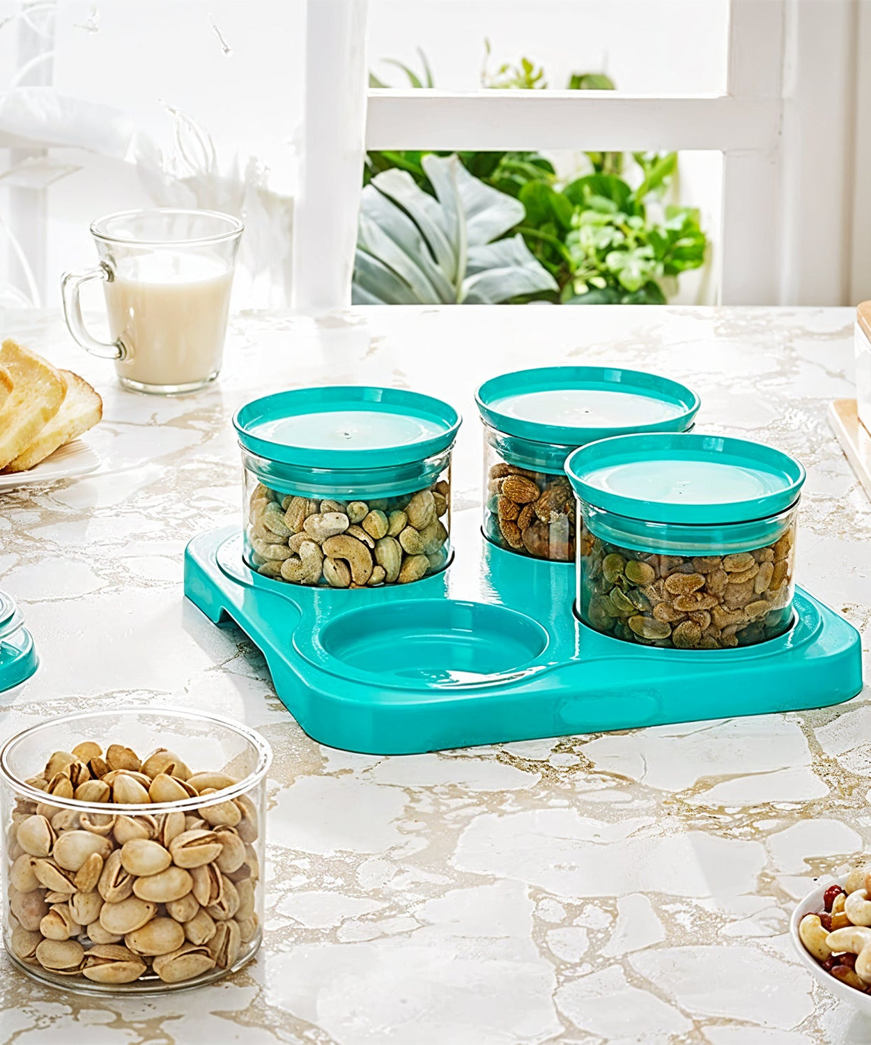 Airtight Container Jar 4 Pc Set With Stylish Tray for Kitchen Unbreakable Jar Set for Multipurpose Storage ( Mukhwas Dani )