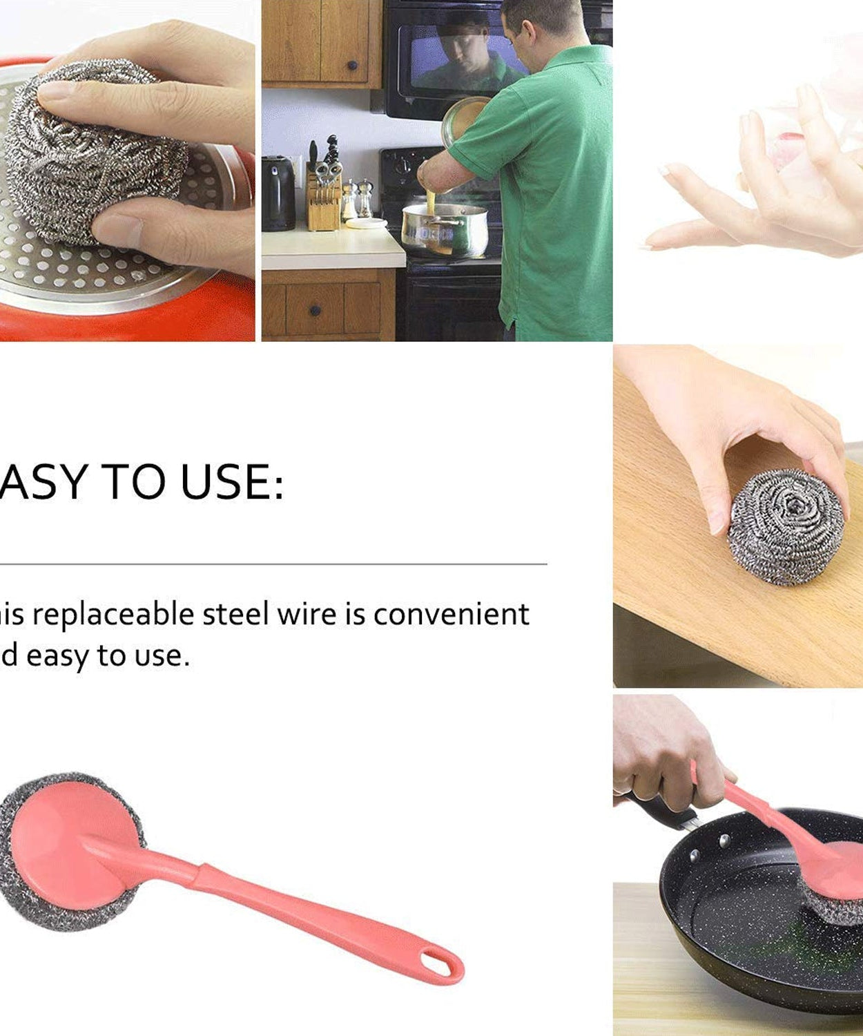 Scrubber with handle for effective cleaning of kitchen and hard stains.