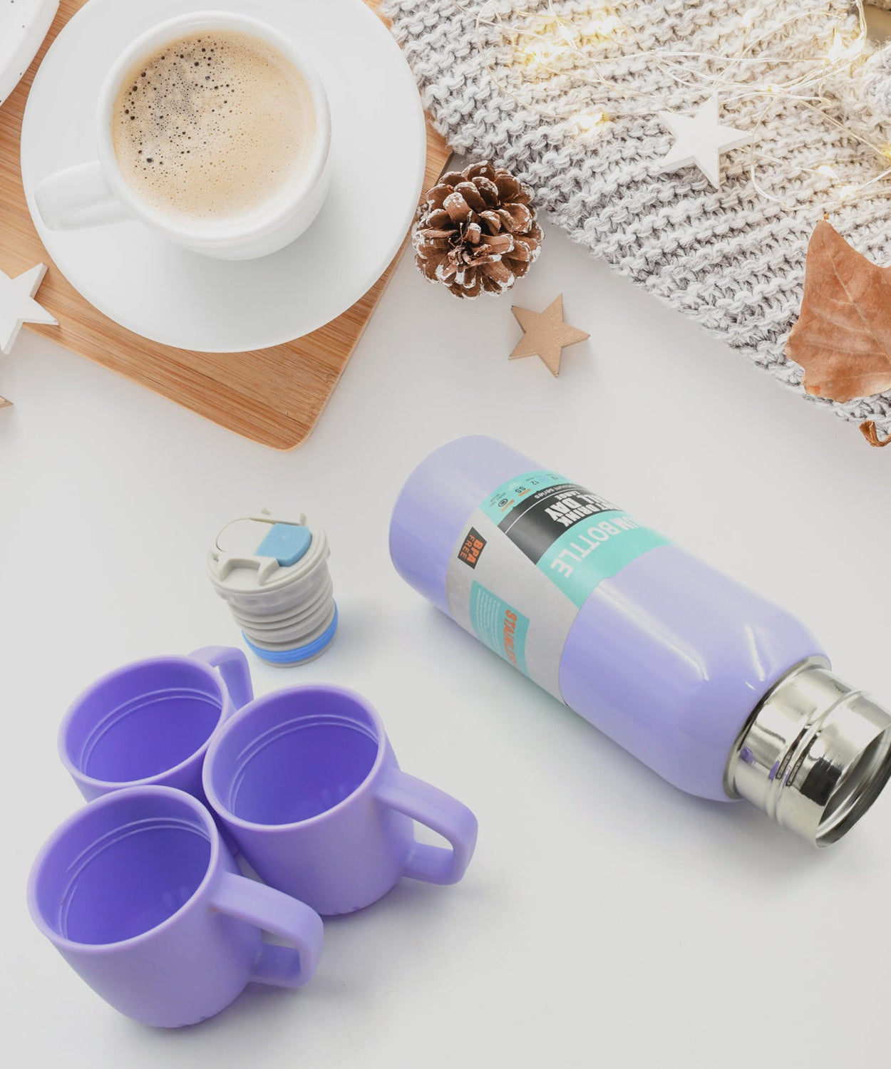 Stainless steel vacuum flask set with handle and cover