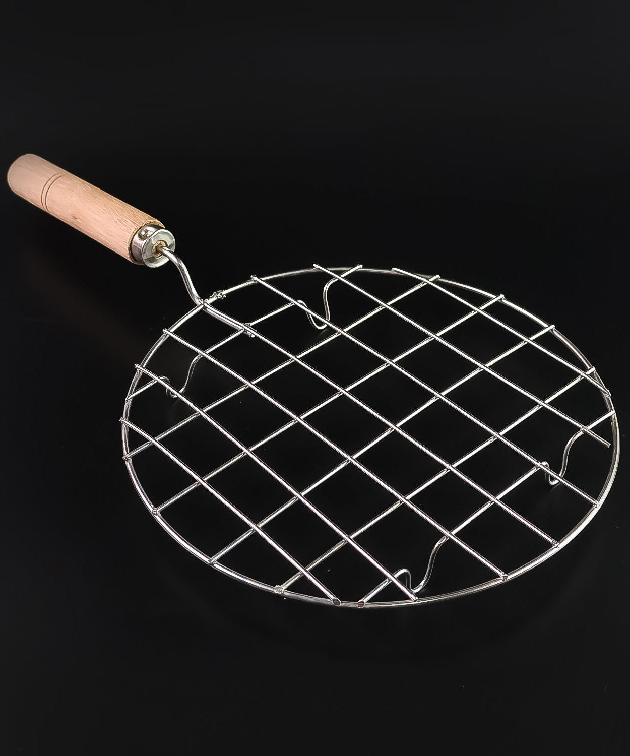Kitchen Round Stainless Steel Roaster Papad Jali, Barbecue Grill with Wooden Handle