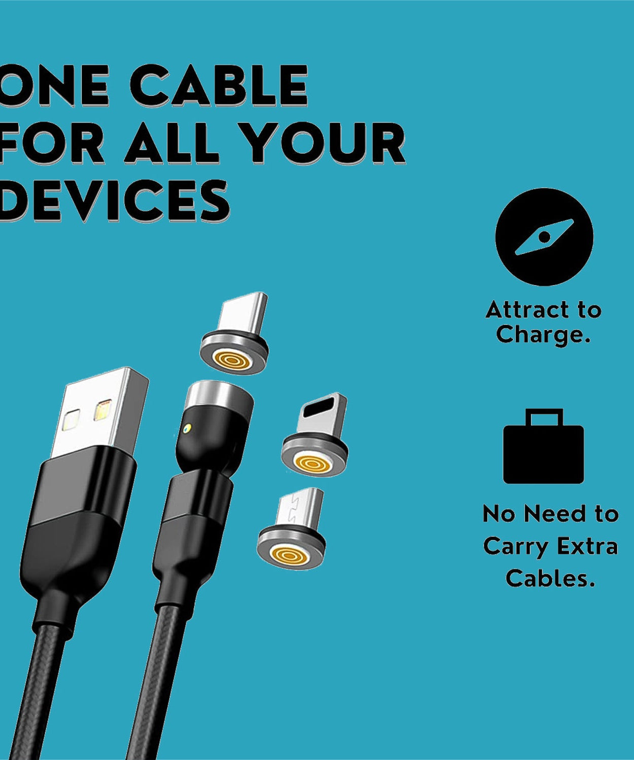 3 in 1 Magnetic USB Charging Cable | USB-c Android and Lightning with Extra Protecting Nylon| Strong Magnetic Cable with Full Rotation Support Fast Charging