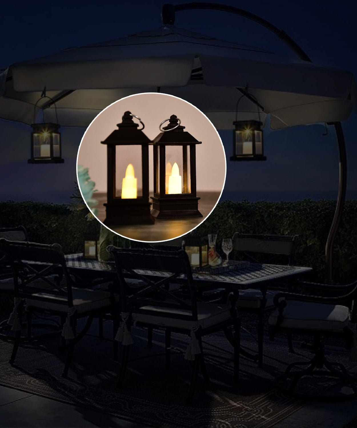 Battery-operated lantern with flameless candle light.