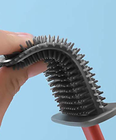 Easy-to-clean silicone toilet brush with holder.