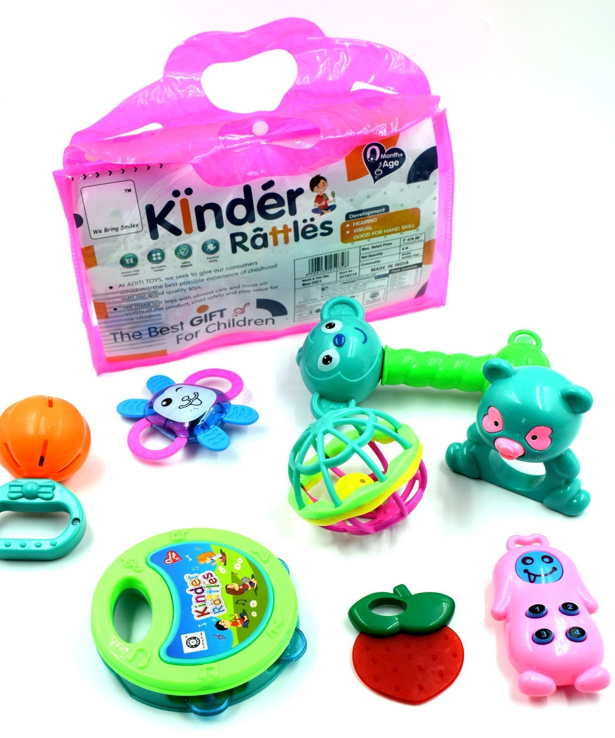 Assorted baby rattles featuring various shapes and colors for baby playtime.