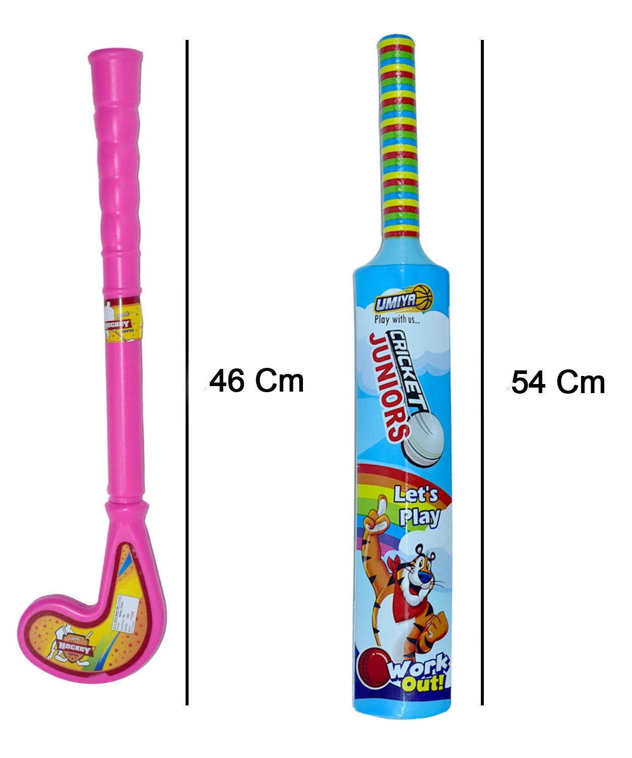 Plastic bat, ball, and hockey combo for kids with colorful design