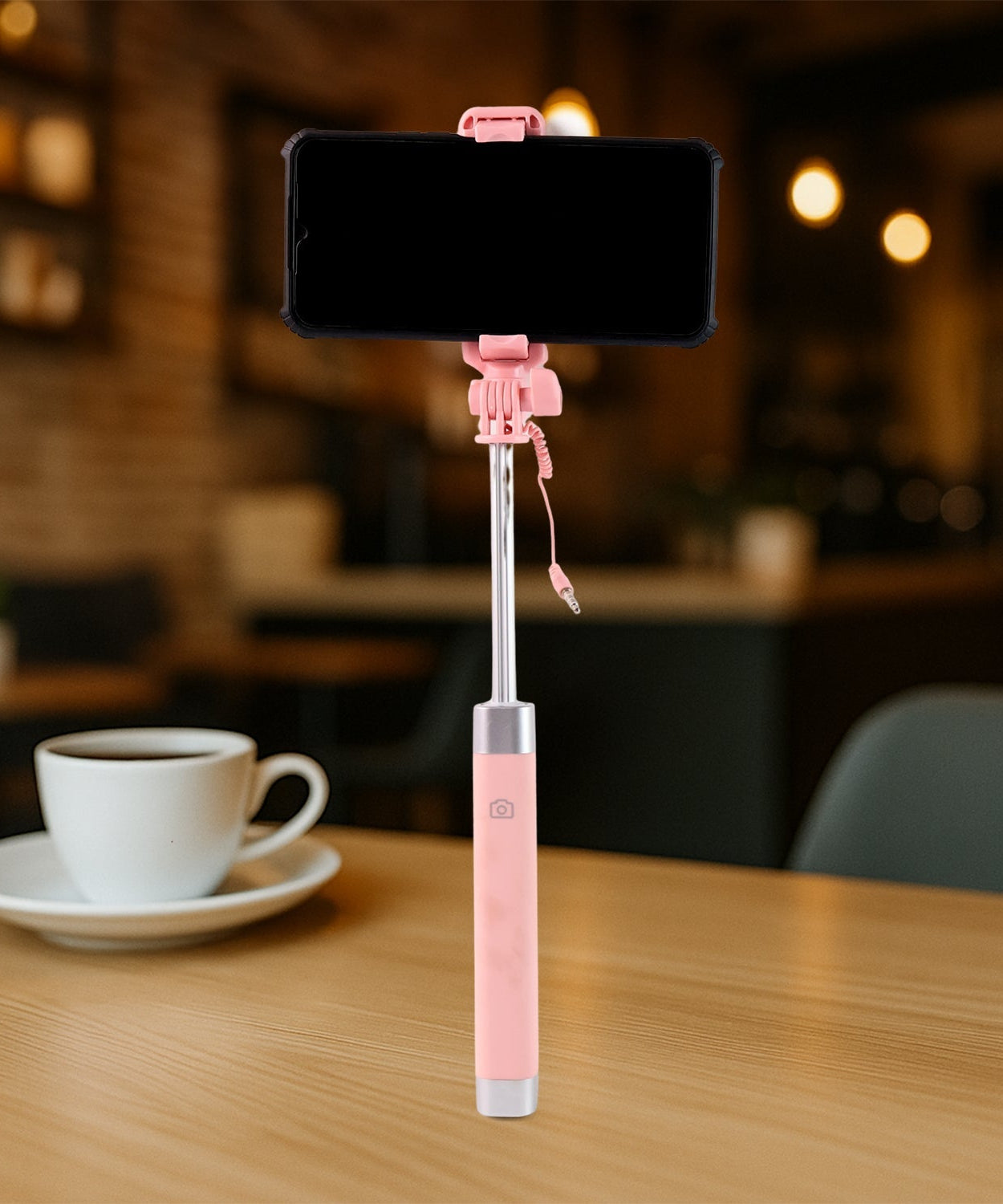 Wired Selfie Stick with Rearview Mirror & Built-In Shutter Button (1 Pc)