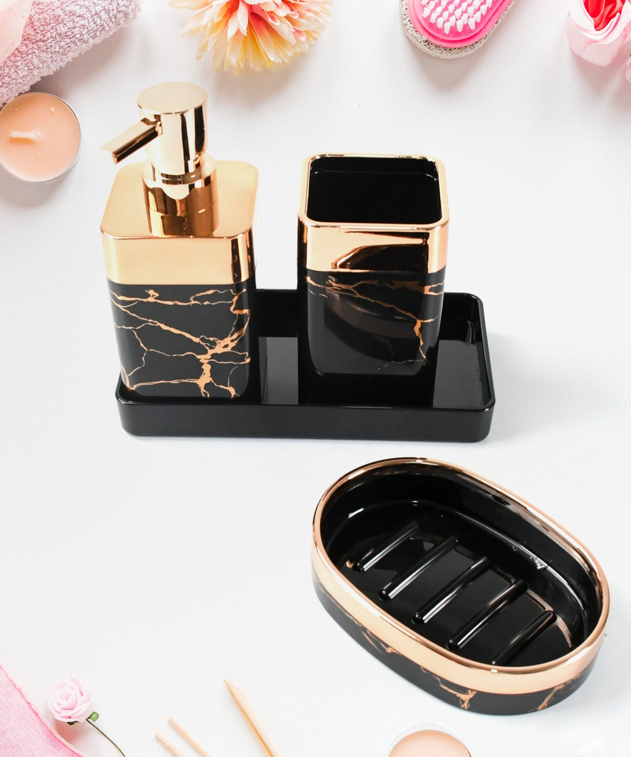 Bathroom Accessories Set, Bathroom Decor with 1 Soap Dispenser, 1 Tumbler, 1 Tray, 1 Soap Dish for Bathroom, Kitchen, Office, Gift for Women and Men (4 pcs set)