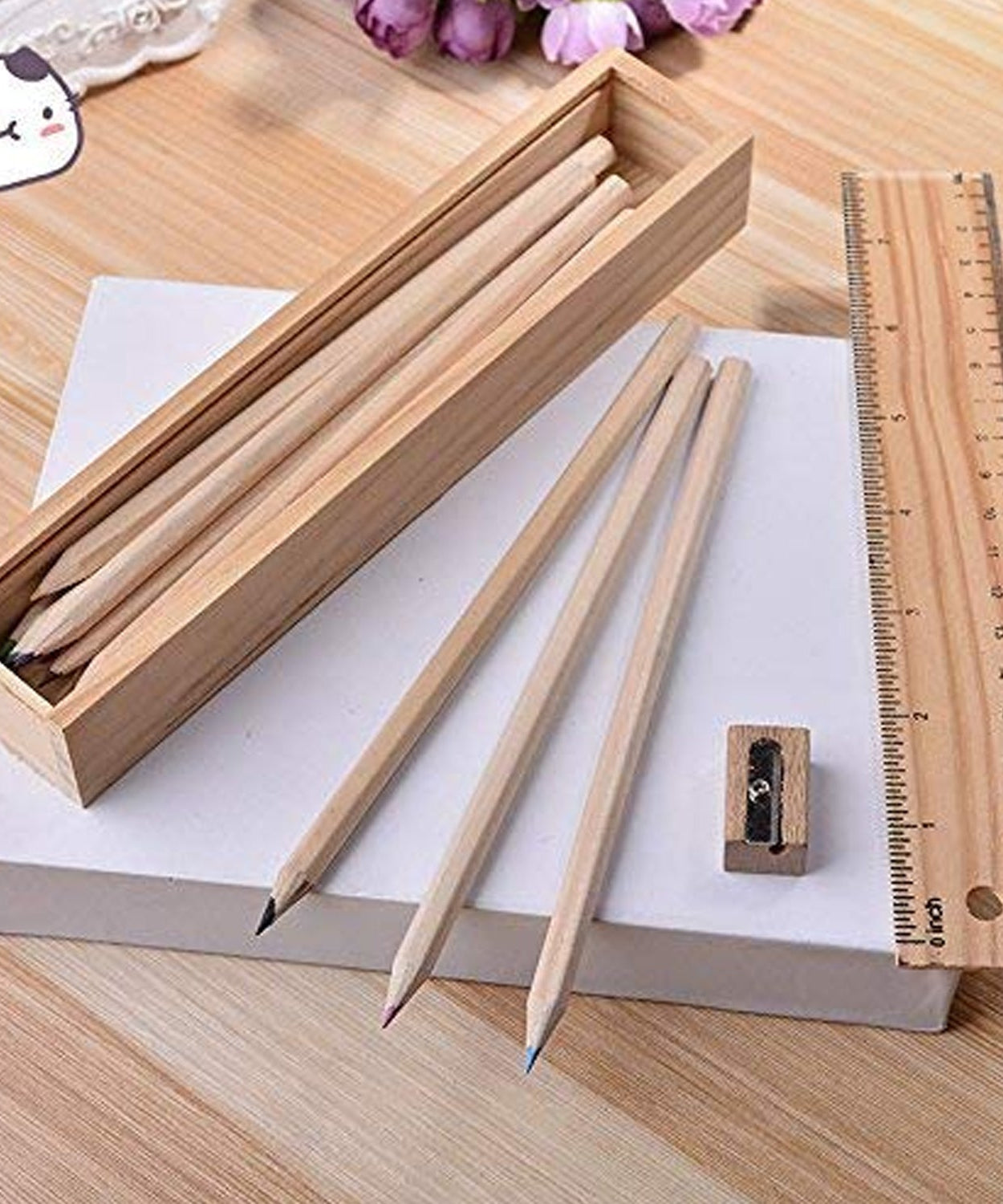 Colorful Wooden Pencil Set with Pencil box, Ruler, Sharpener For for Kids, Artist, Architect (12 Pcs Set)