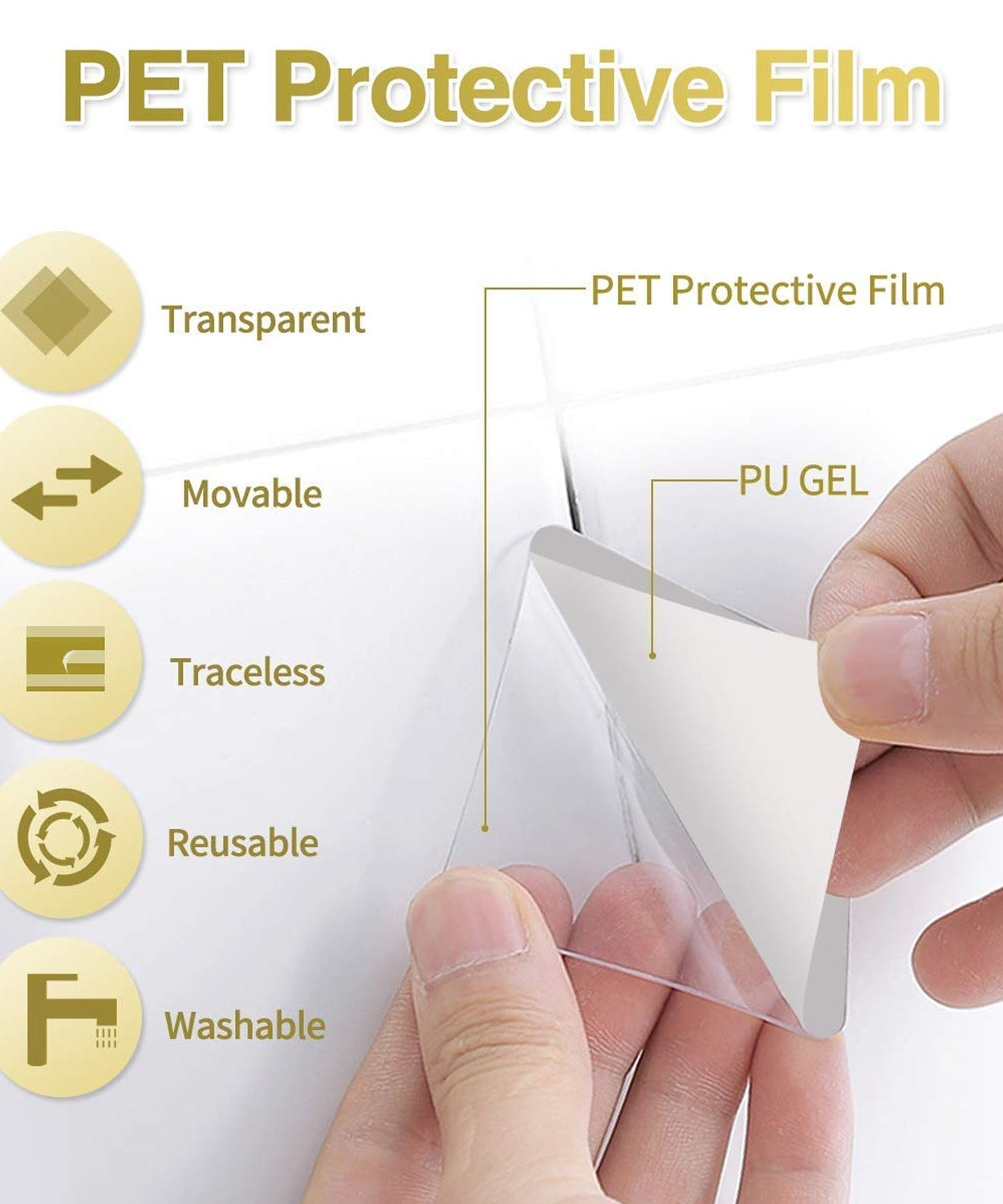 Durable and removable clear gel tape, suitable for household applications.