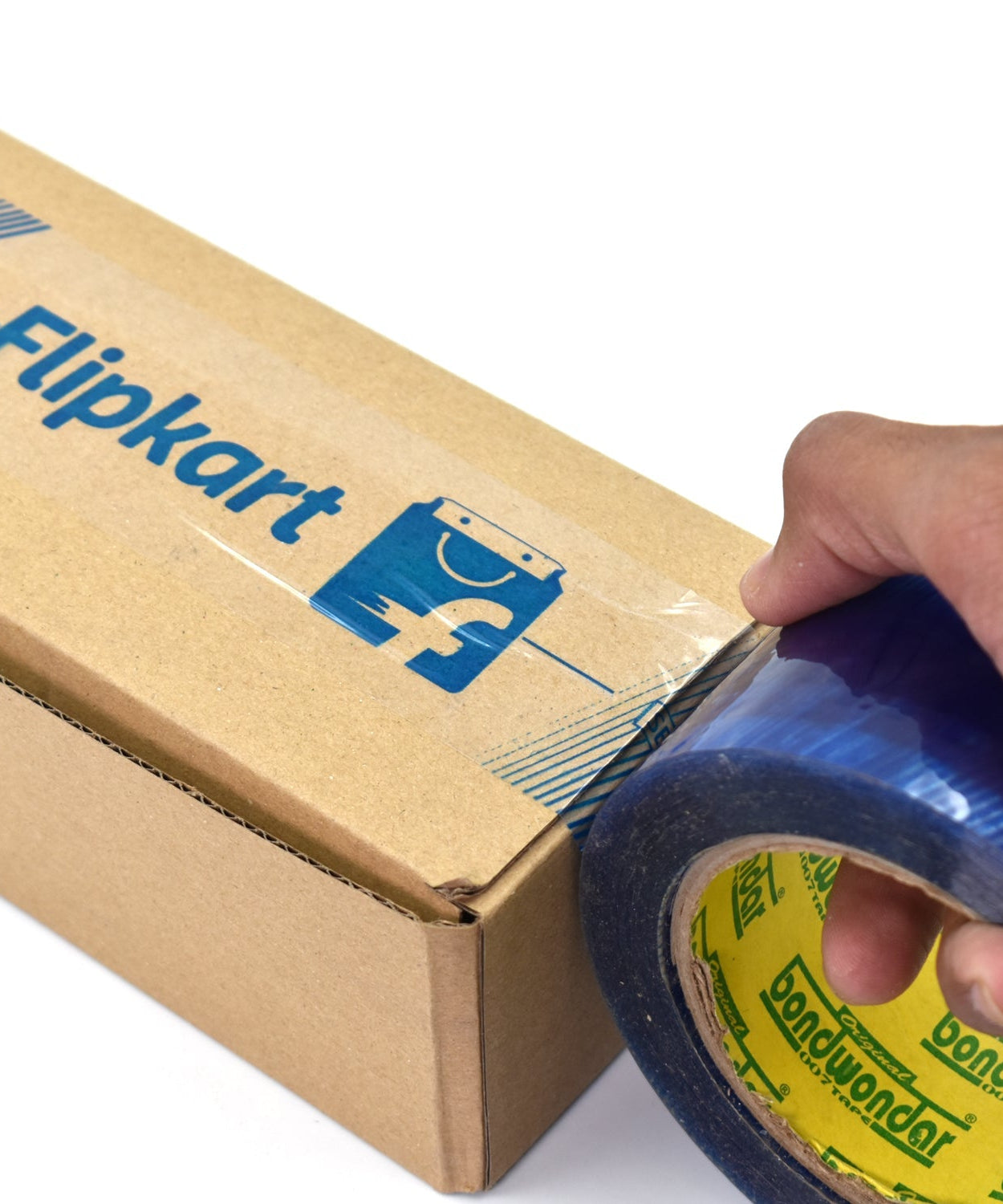 Roll of blue tape with Flipkart logo for shipping purposes.