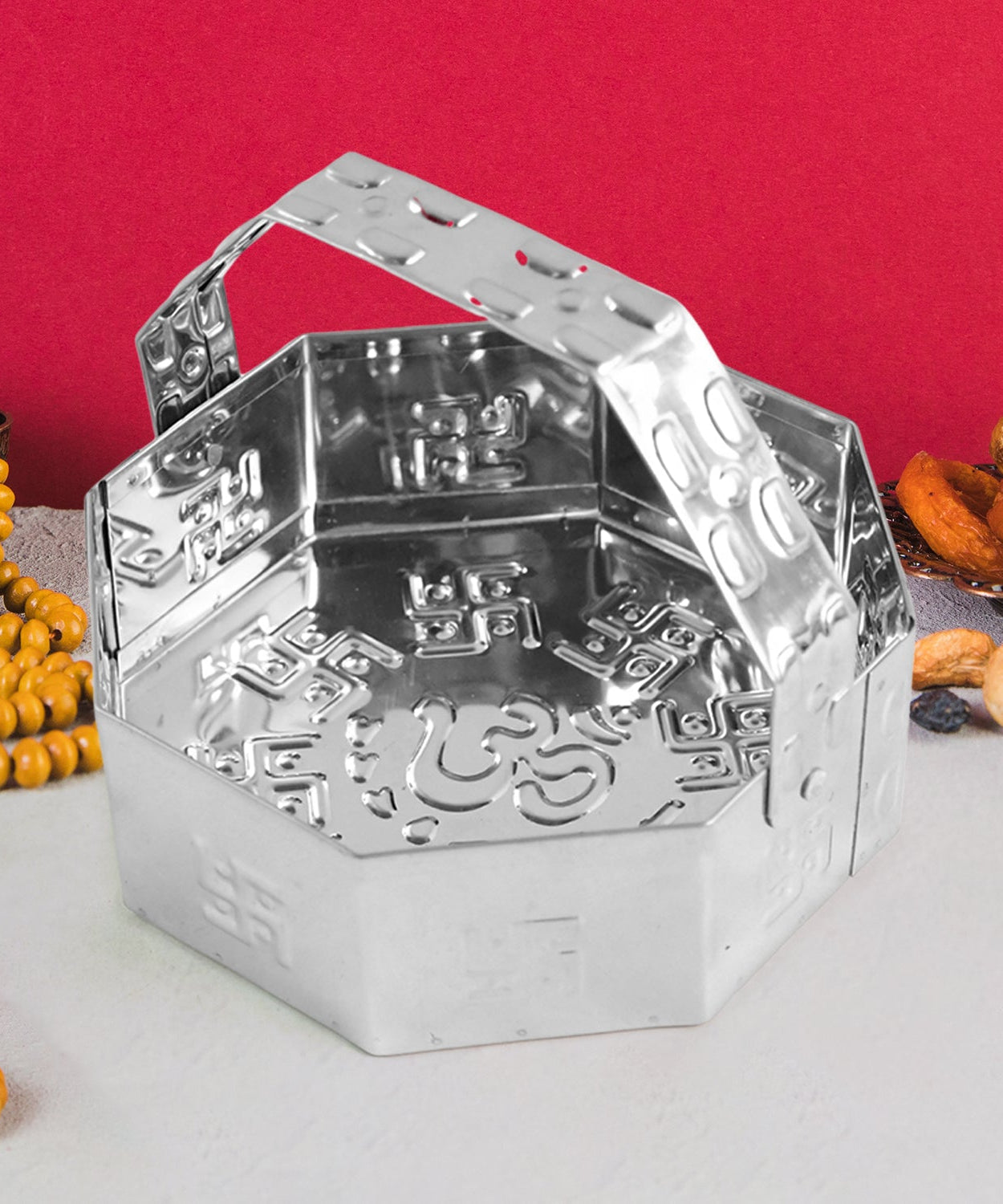 Traditional Stainless Steel Octagon Pooja Basket 1 Pc with Handle