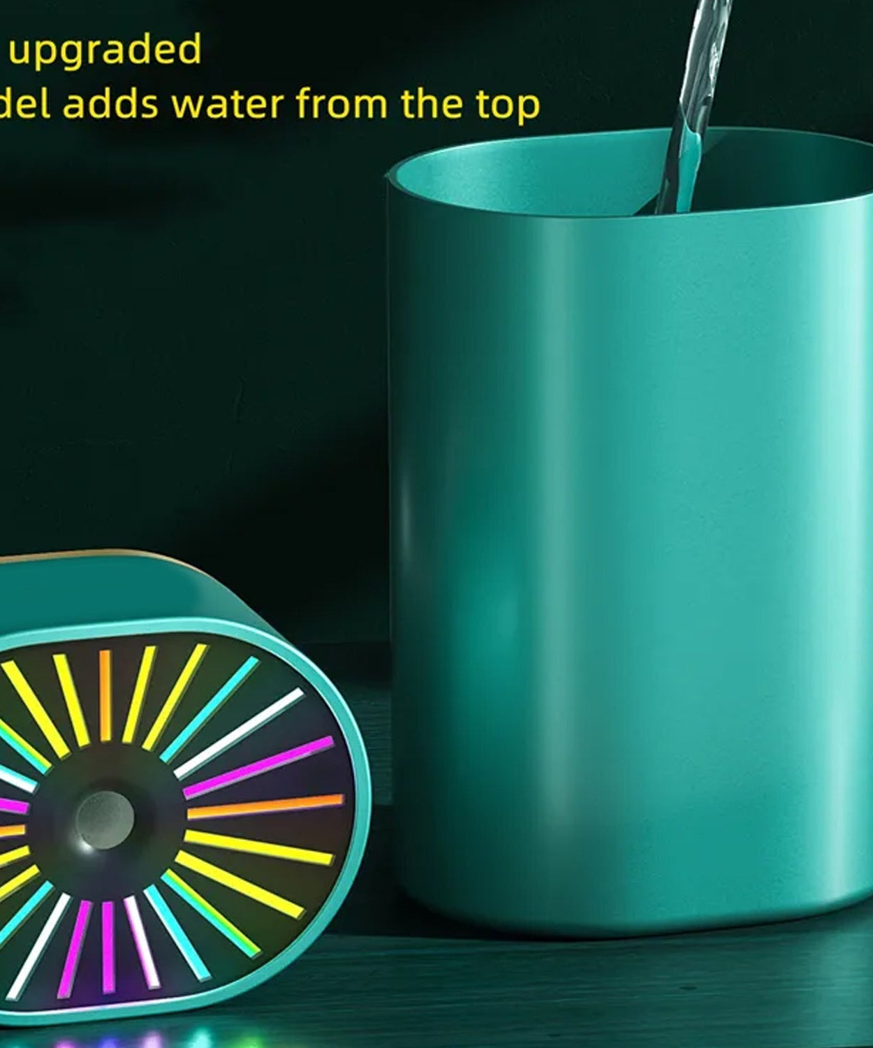Humidifier with color-changing lights, designed for car or mini desk use.