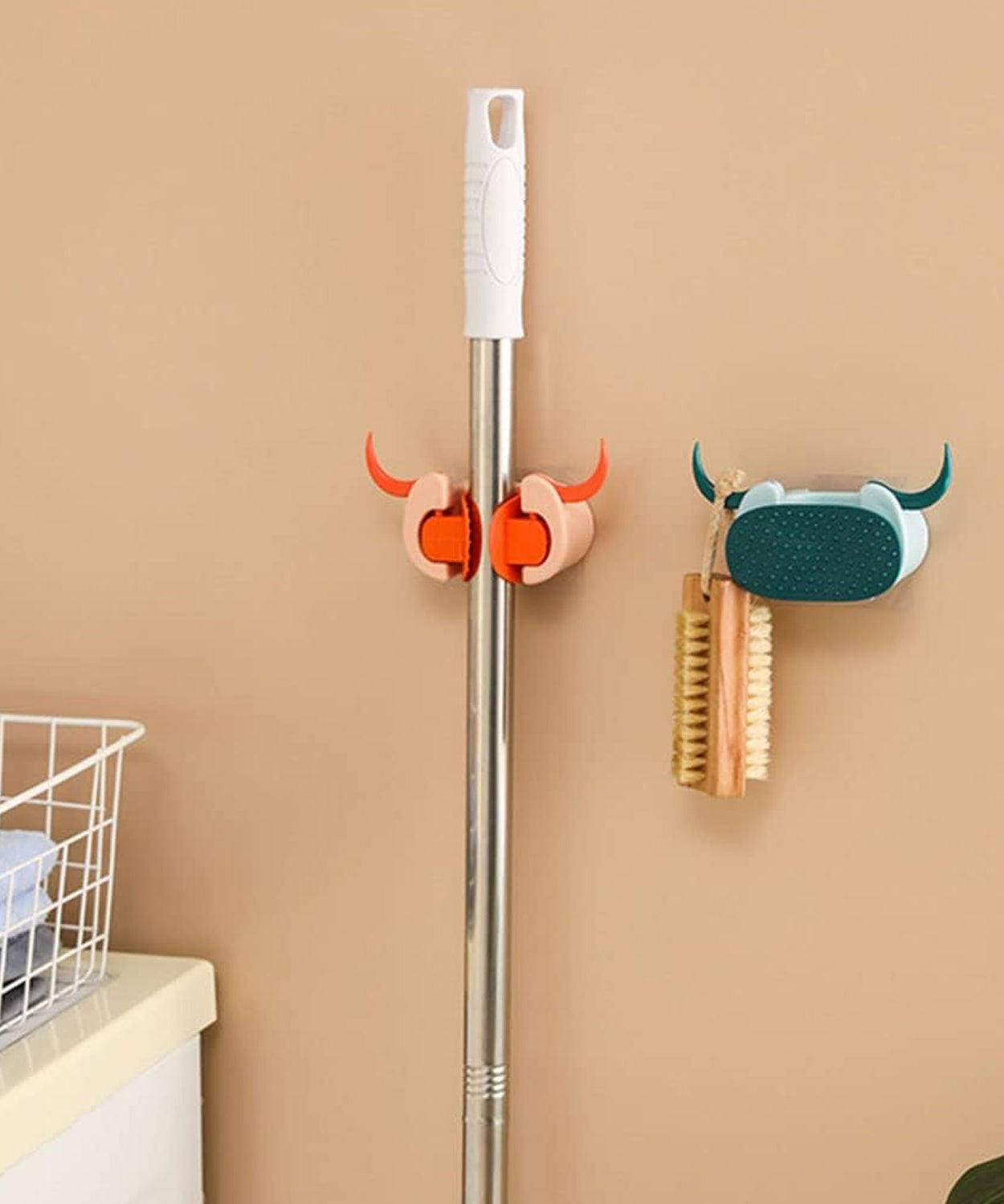 Multifunctional Cartoon Sticky Punch Free Mop Holder Wall Mounted Broom Organizer Cleaning Tools Holder Hanger, Self Adhesive Cute Cow Head Suction Cup Hanging Hook for Bathroom Kitchen (1 Pc)