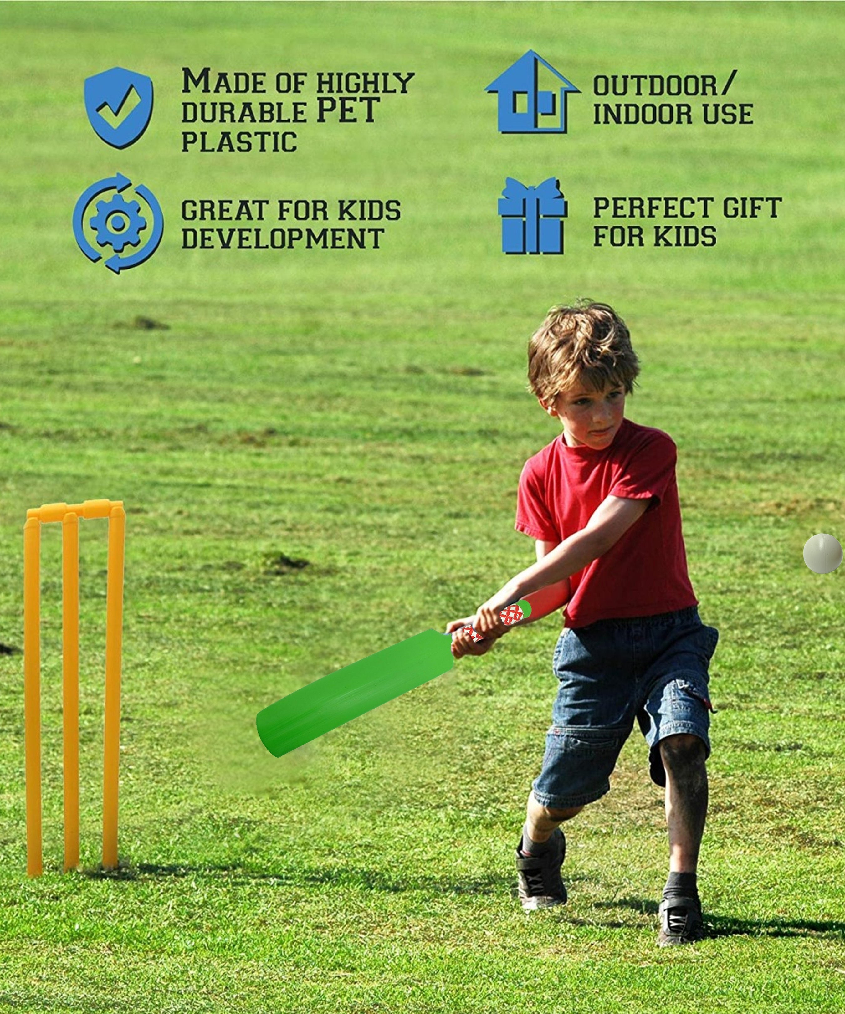 Plastic cricket bat and ball set in use for outdoor play