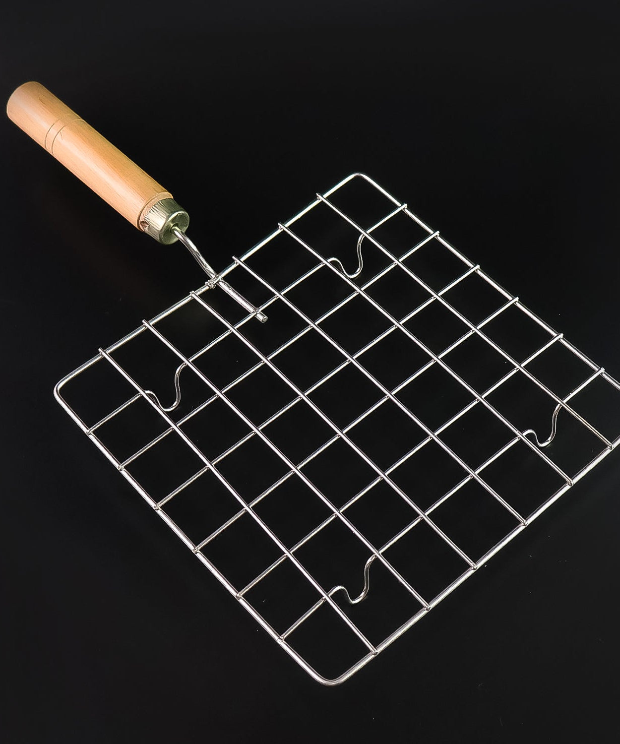 Stainless Steel Square Papad jali, Barbecue Grill Rack with Wooden Handle (1 Pc)