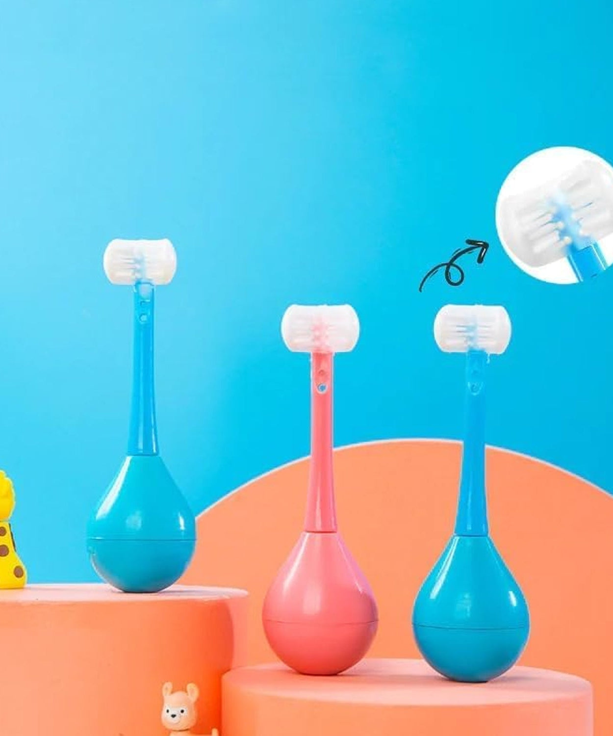 3-sided toothbrush with silicone head, soft bristles for kids aged 2-12.