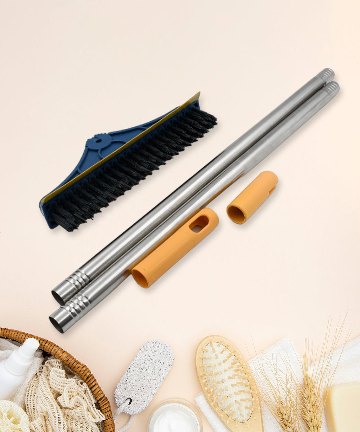 Cleaning brush with wiper, long handle, for versatile use