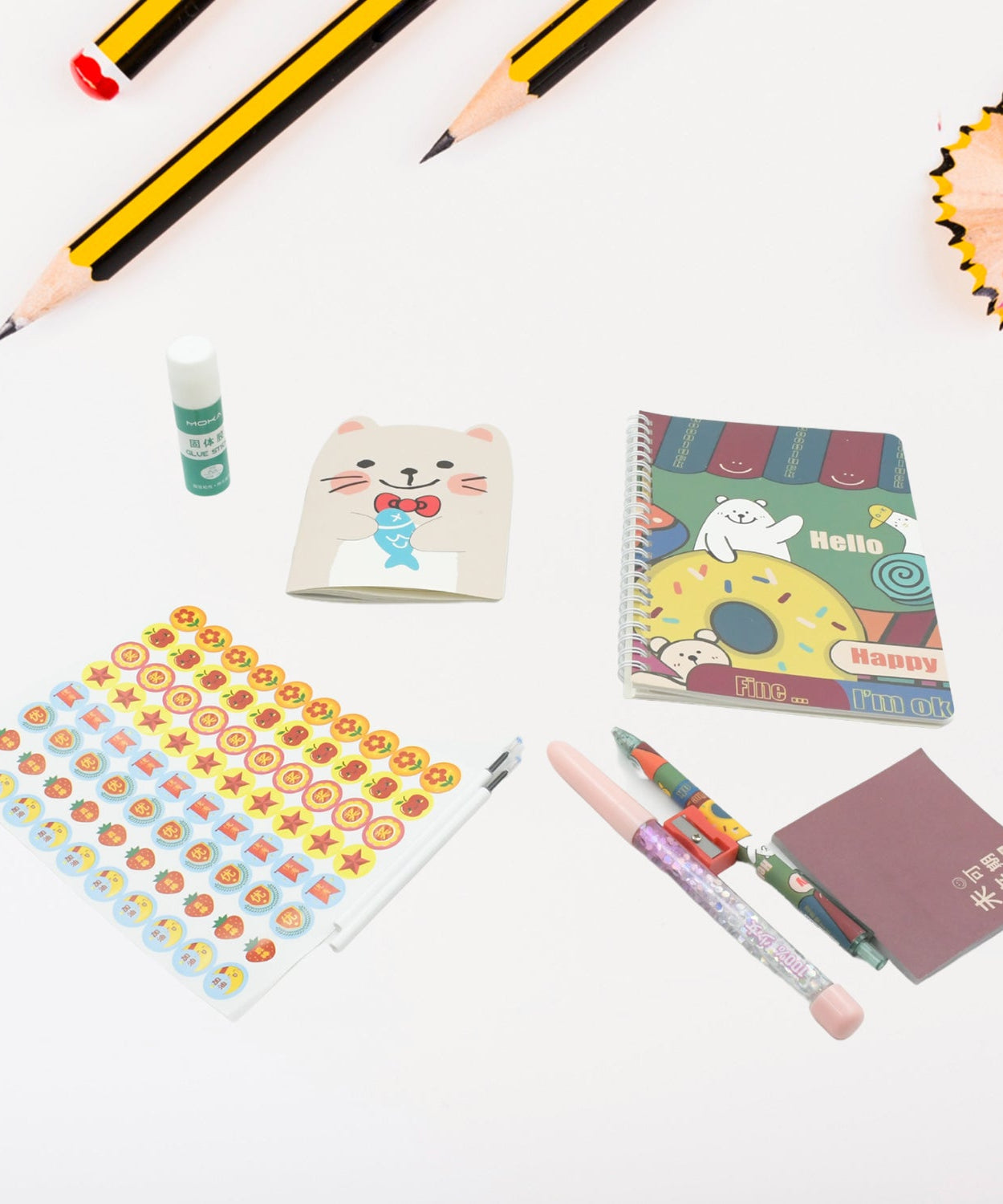 Cartoon stationery box with book, pen, eraser, and more