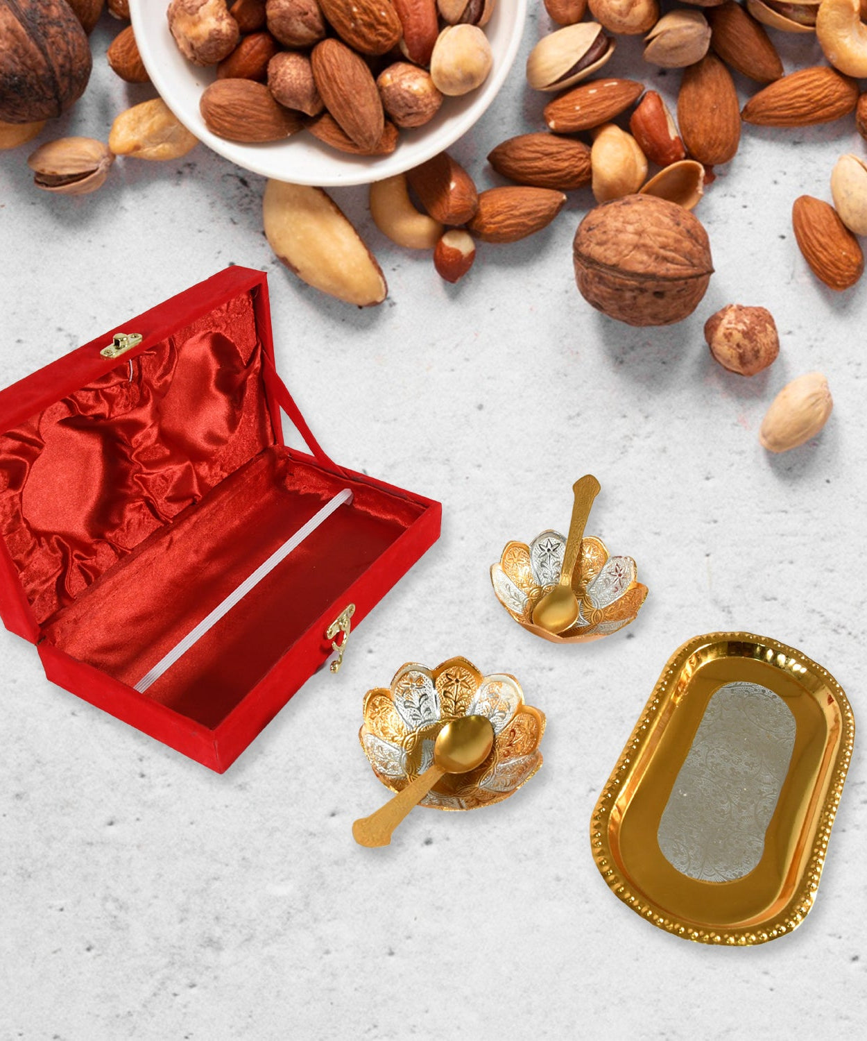 5in1 Gold Silver Plated 2 Bowl 2 Spoon Tray Set Brass with Red Velvet Gift Box Serving Dry Fruits Desserts Gift