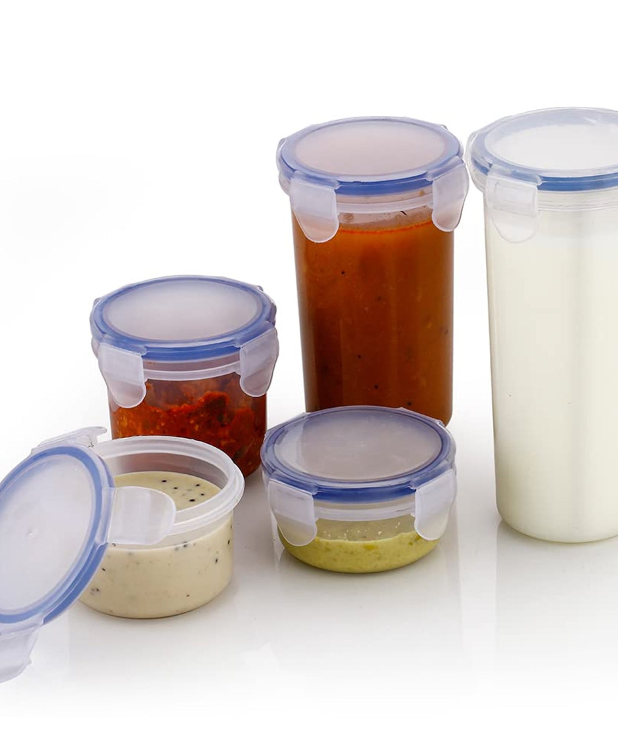 Round plastic food storage container with airtight locking lid for leak-proof storage.