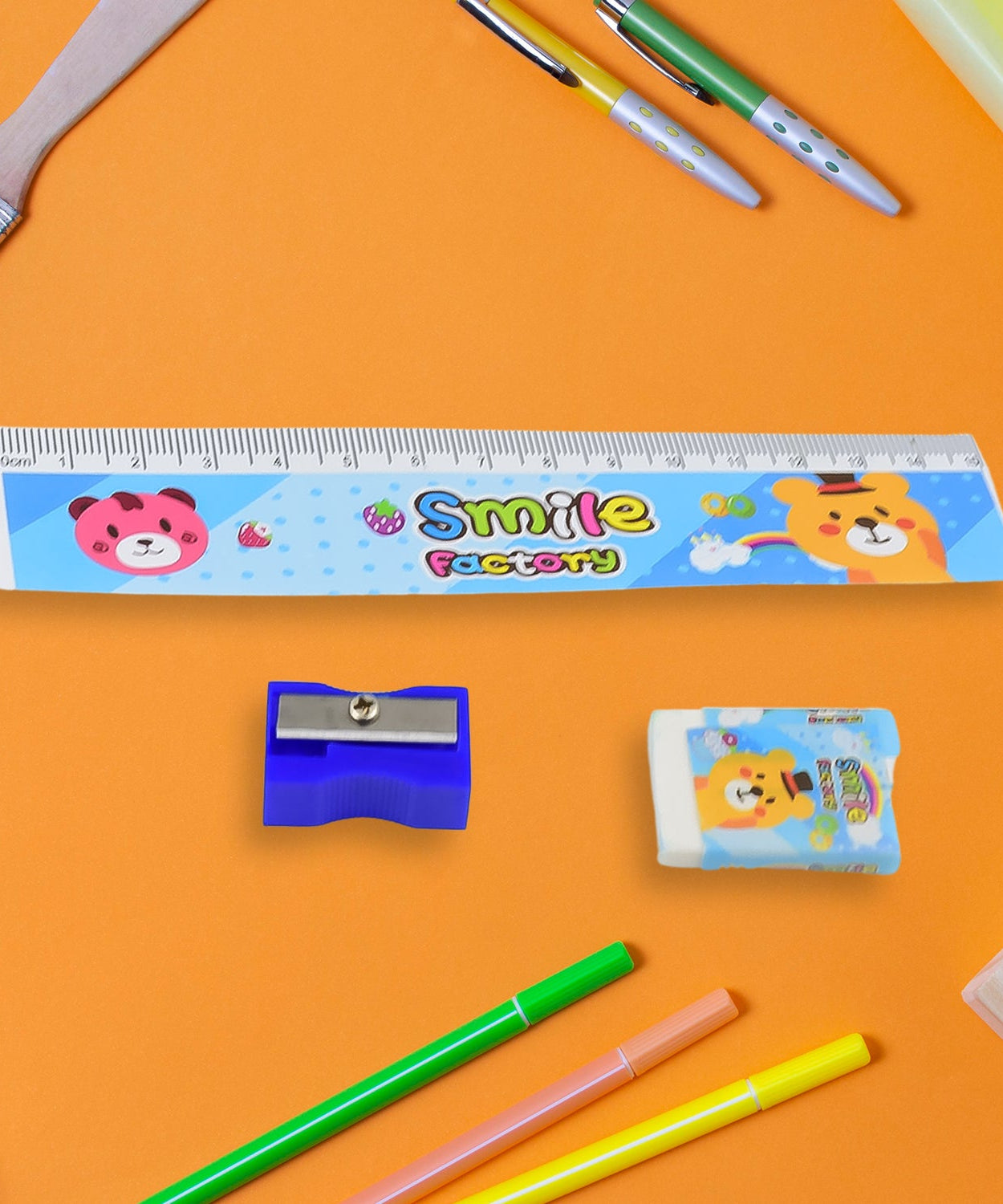 Cartoon-themed pencils with eraser and sharpener