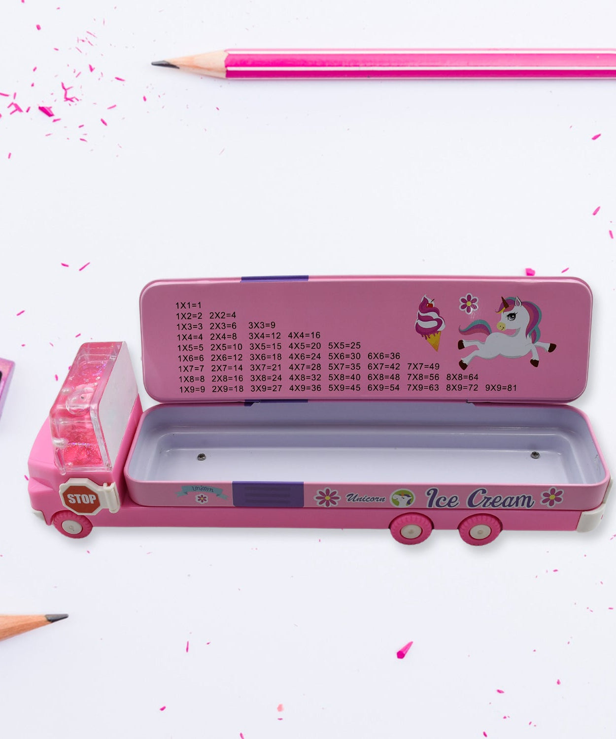 Double Decker Magic Truck Compass Multi Level Metal Truck Compass Pencil Case with Movable Wheels & Sharpener (Mix Design)